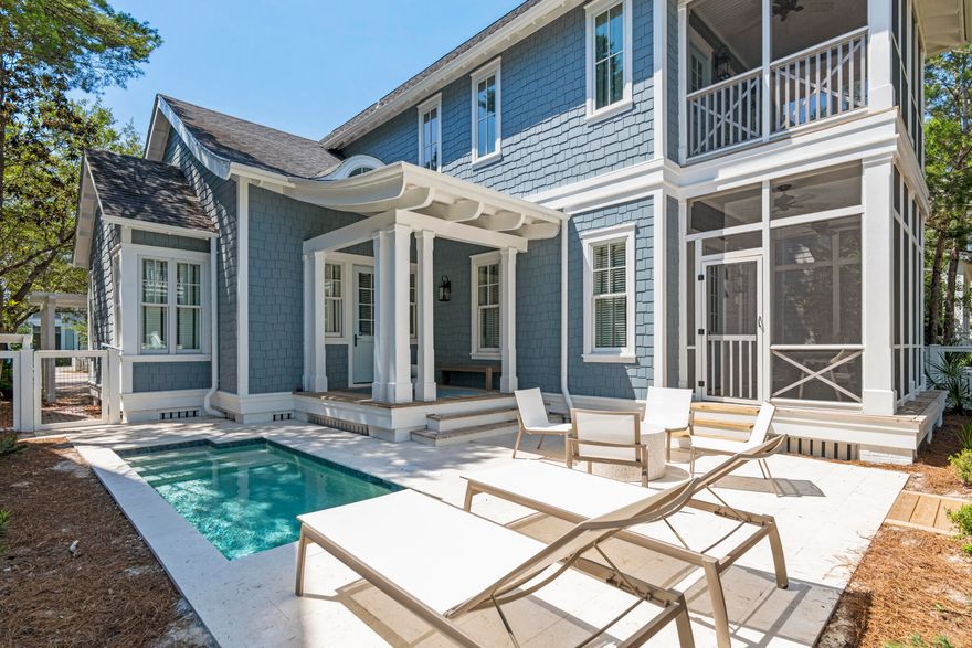 Welcome to 30 North Shingle Lane--a beautifully designed 4-bedroom, 3.5-bathroom home in the heart of WaterSound Beach, featuring a private pool and packed with style, charm, and modern comforts. Forget cookie-cutter architecture--this Gulf-blue shingle-clad cottage behind a white picket fence has instant curb appeal and classic WaterSound character. A paved driveway leads to a spacious two-car garage and a welcoming footpath to the front porch. Inside, the home features thoughtfully updated decor, stylish lighting, and curated artwork, along with traditional wainscoting, gleaming wood floors, and a cozy fireplace--perfect for family gatherings or relaxed entertaining. The open-concept layout flows seamlessly from the dining area to the gourmet kitchen, equipped with white Shaker-style cabinets, black granite countertops, stainless steel KitchenAid appliances, and a Sub-Zero refrigerator. A central butcher-block island adds both prep space and charm. The spacious first-floor primary suite includes a soaking tub, walk-in shower, and double vanity, while the additional bedrooms upstairs provide comfort and style for guests or family. Screened-in porches on both levels and a landscaped backyard with cozy seating create multiple outdoor living spaces to enjoy the Florida sunshine. The private pool is a standout feature, perfect for cooling off or unwinding after a beach day. This home is ideally located inside the main gates of WaterSound, just a short walk or bike ride to the private beach access, the Dunesider pool, and all of WaterSound's resort-style amenitiesincluding a fitness center with sauna, dog park, children's playground, Puttering Park, Linear Park, and seven miles of scenic boardwalks and walking trails. Don't miss this opportunity to own one of the most charming homes in WaterSoundcomplete with your own private pool.
