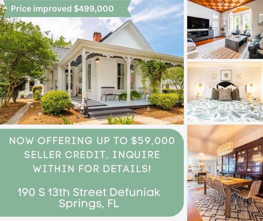 Welcome to this historic, fully furnished, 1900 Victorian home situated in the historic district of Defuniak Springs. A stunning piece of architecture with modern conveniences and updates throughout, this home is the perfect blend of classic and contemporary living. *The Seller is now offering up to $59,000 seller credit, inquire within for details!*Situated in a prime location, equipped as a short term rental, this home boasts 2389 square feet of living space and has been renovated from top to bottom, keeping the Victorian charm and accents intact.