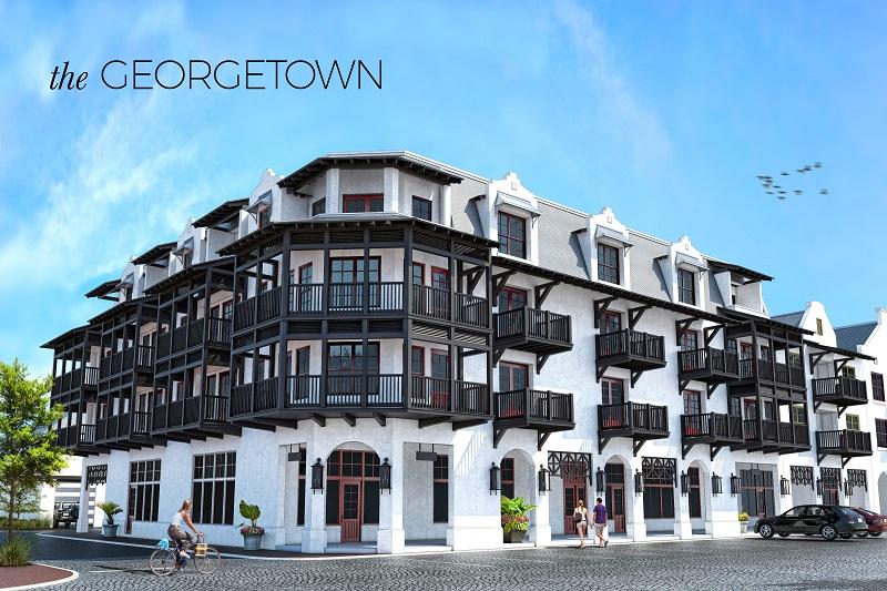 Pre-Construction on the Town Square in Rosemary Beach. Saving the Best for Last! The Georgetown will be the last building constructed on N. Barrett Square in iconic Rosemary Beach. Accepting Reservations. Construction will begin in mid 2016 and completion is expected in mid 2017. Each features 3 bedrooms, 3 bathrooms, a large bunk-room, and lots of balconies. Unique to residential condominiums,each unit has a large laundry room with utility sink, deeded conditioned storage room and deeded covered parking space. Several of the interior appointments include Wolf 36'' dual fuel range with griddle, Sub-Zero 36''French door refrigerator and wine cooler, wire brushed oak hardwood floors, frame-less glass showers and Calcutta Gold marble counters.
