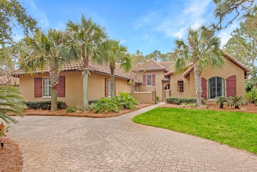 Sandestin's Baytowne community hosts this impressive home on the golf course. Its classic Mediterranean style flows from the beautiful entrance courtyard through the open kitchen, dining and family room to the extensive outdoor patio, which boasts living space, a full summer kitchen, outdoor dining, and heated pool--all fully screened and mostly covered with a beautiful pesky cypress ceiling.    As fits a home that is excellent for entertaining, the kitchen is amazing. It features stainless appliances including a GE Monogram subzero, double oven, pot filler, granite counters, walk-in pantry, and much more. Incredibly practical for multiple lifestyles, the one-story, split bedroom layout includes a luxurious master suite facing the golf course, a guest suite with its own entrance,