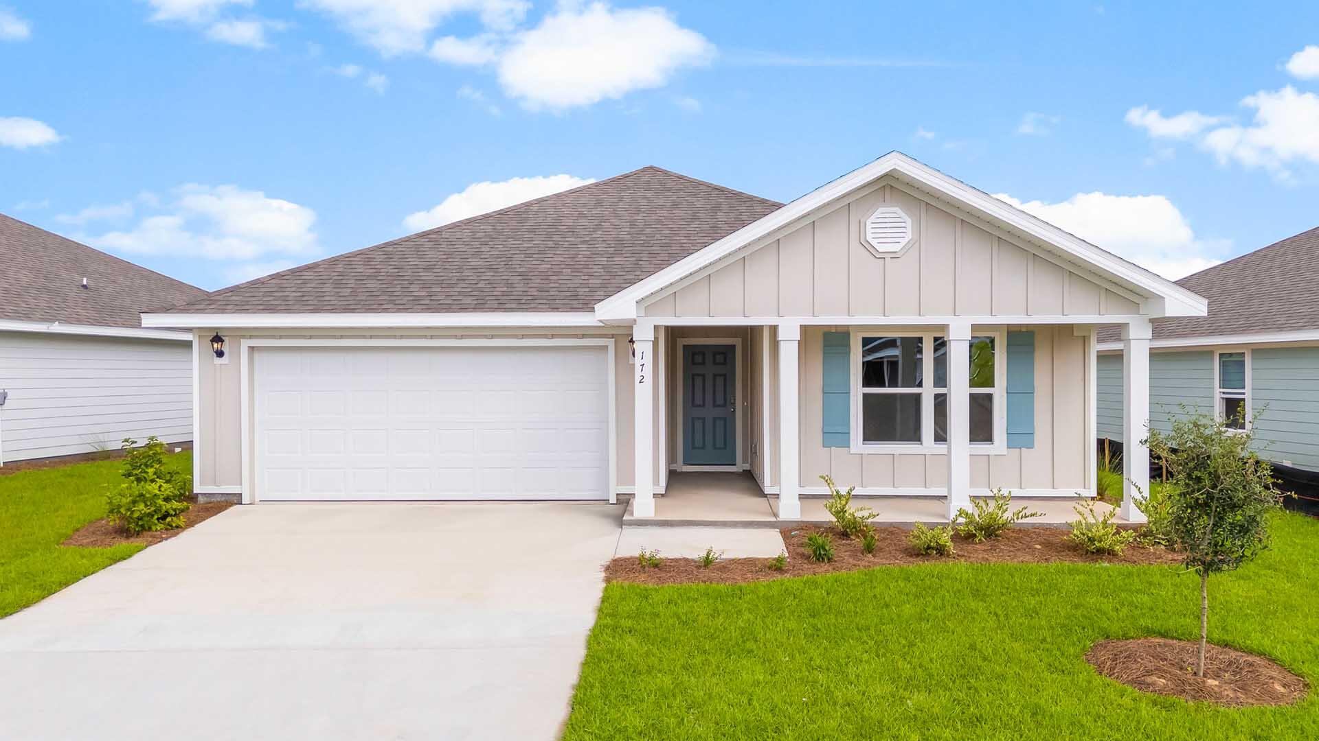 Welcome to 172 Gray Owl Drive W, a new home at Owl's Head Farms, in Freeport, Florida. This home is ready for move in. This is the Ryder floor plan that features a foyer leading to an expansive open concept living area. The well-equipped kitchen, equipped with stainless steel appliances, dedicated water filter faucet, a walk-in pantry, and granite countertops, anchors the space and offers a central island perfect for casual dining or entertaining. You'll find chrome fixtures throughout the home that have a lifetime warranty. Adjacent to the kitchen, the dining room provides a designated area for gatherings, with large windows inviting ample natural light. The main living areas are complete with Engineered Vinyl Plank that is both durable and adds to the style of the home. The primary bedroom is situated at the back of the home, and it features a spacious ensuite bathroom with a dual sink vanity, a large shower, and two separate closets. Three additional bedrooms are located along a private hallway, accompanied by a second full bathroom with modern finishes. Each bedroom has upgraded carpet for a cozy feel.
Additional highlights of the home include an oversized covered back patio, a dedicated laundry room with washer and dryer connections, and a two-car garage. A standard Smart Home technology package is included with DEAKO?? smart switches, Kwikset keyless entry and a programmable thermostat that can be controlled though an app on your phone. This home is perfect for those seeking comfort and modern conveniences.
