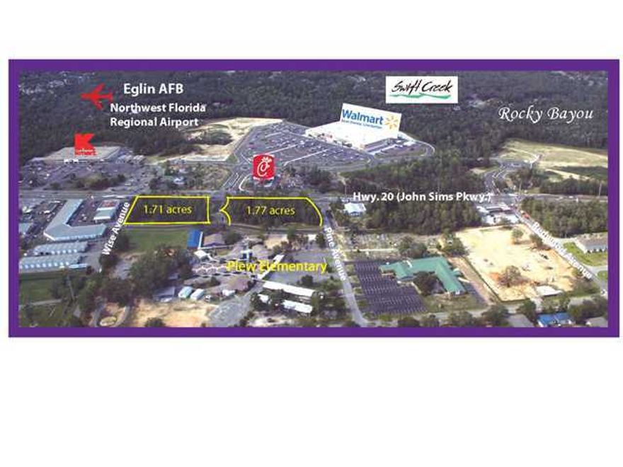 Great Commercial Opportunity at the Wal Mart intersection! A 1.77 acre parcel available at a lighted intersection on Niceville's main corridor! Access is available from Highway 20, Wise Ave, Ellsworth Drive and Plew Panther Way.
Will split, if necessary.
List price on a ground lease is $125,000 annually.