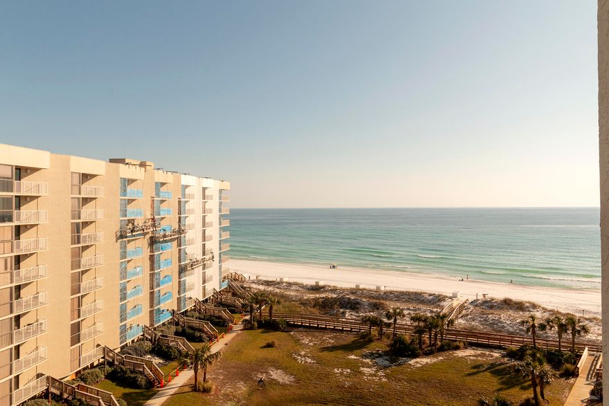 Gorgeous view from this 7th floor, fully furnished, 2BR/2BA, 1,208 SF Condo at Mainsail. This condo features plantation shutters, granite countertops in the kitchen & bath, & wood floor throughout. The kitchen has raised ceiling with crown molding, and unique indirect lighting. The opened living area is bright & beachy, featuring amazing views of the gulf and beach. The master suite features private balcony access, vanity makeup area, & tile floors in the bath. Other features include a 2nd bedroom with dual twin beds, full hallway bath, laundry closet with washer/dryer, owner closet, & pantry. Mainsail amenities include 2 pools, 700 feet of beach, tennis, exercise room, game room, shuffleboard, separate storage area, & 24 hour gated security. Close to shopping, golfing, & restaurants.