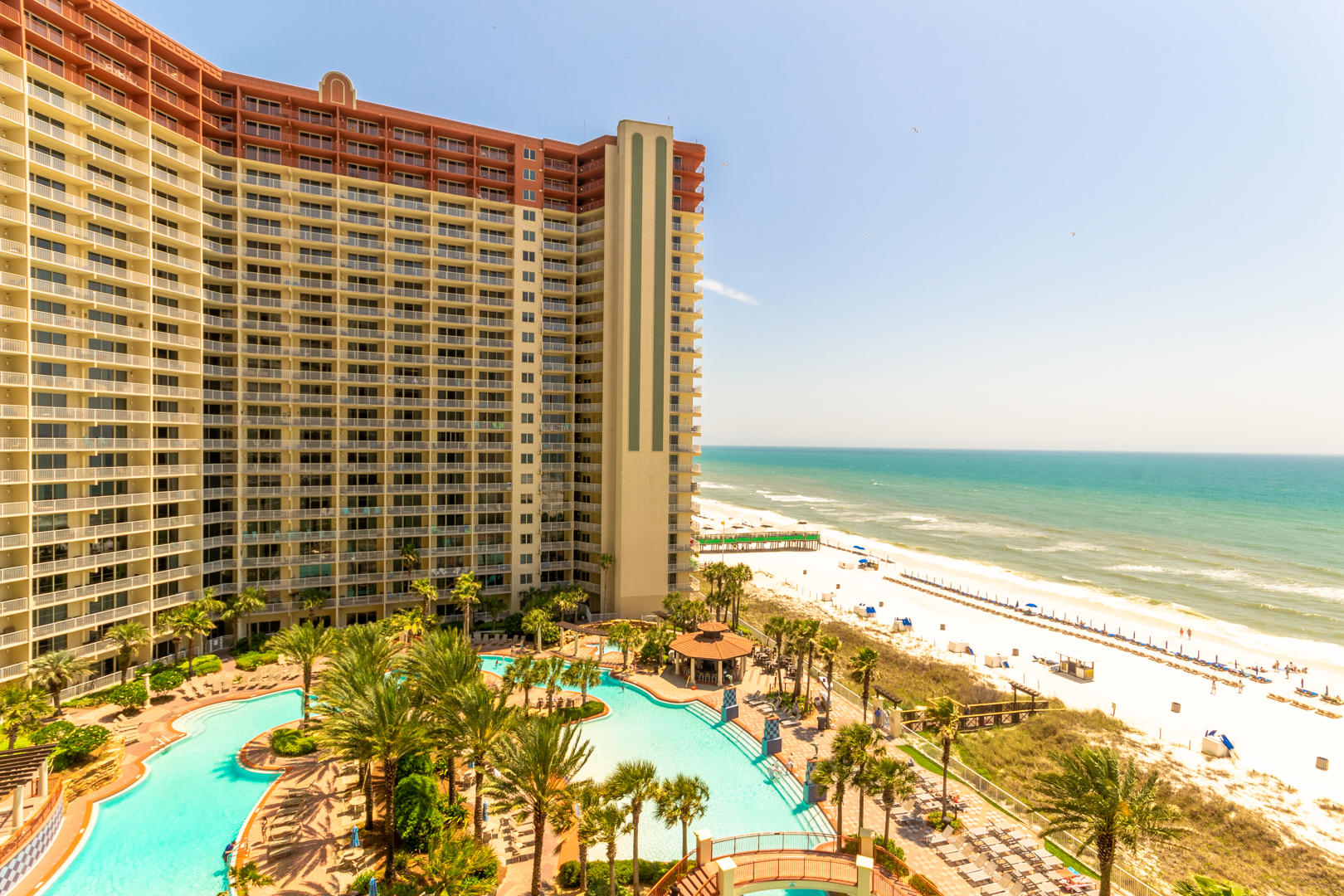 Great 2 bedroom/3 bath unit with bunks on lower floor. Includes Deeded parking spot on the 9th floor, park your car and walk to unit, no elevators needed. Shores of Panama offers resort style amenities including 13,966 SF Gulf side pool and hot tub, large heated indoor pool & hot tub, health and fitness center, sauna, massage therapy and steam room, 2 tiki bars serving lunch and dinner, also Donut, coffee and ice cream shop, pizza parlor, meeting spaces, covered parking deck.