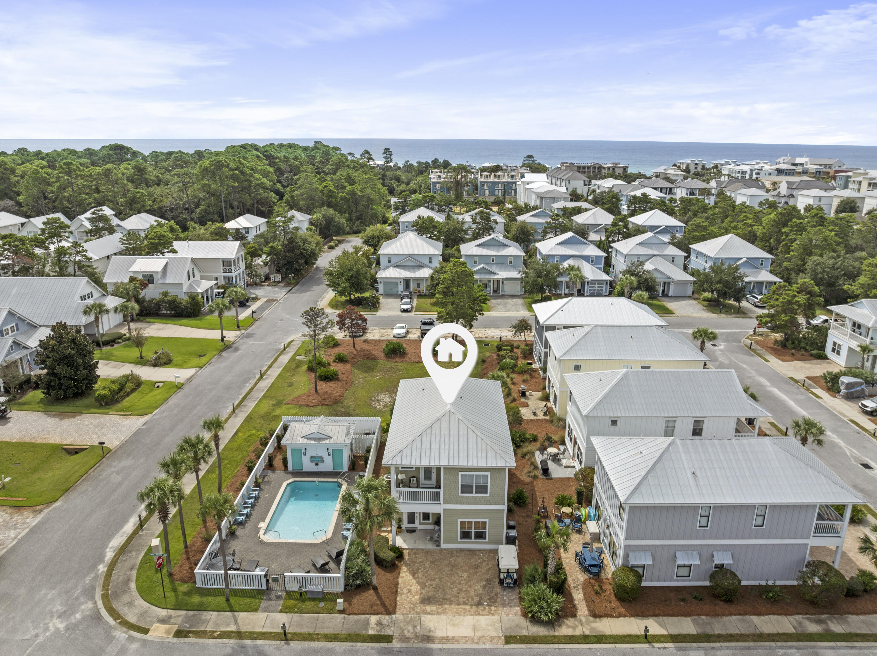 Nestled in the sought‑after Gulf Reflections community just minutes from the sugar‑white sands of 30A and the vibrant shops and dining at Gulf Place, this turn‑key 4 bed / 41/2 bath home blends coastal charm with modern amenities. Built in 2016, this thoughtfully designed residence features tall ceilings and doors, a beautiful kitchen with stainless appliances and granite counters, ensuite full baths for every bedroom and a half bath for guests. Positioned adjacent to the community pool and backing to a lush greenway for family games and outdoor activities. Offered fully furnished (with limited exclusions) with golf cart included, this home is ideal as a primary residence, vacation retreat, or investment. Don't miss your chance to live the coastal lifestyle!