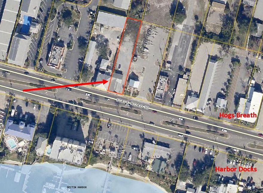 A High Visibility, stand alone building, located west of Harbor Docks and Hogs Breath Saloon, on the N side of Harbor Blvd (Hwy 98). Building is block construction, sturdy, and in need of some roof work. Parking is in the rear, and has a honeycomb base, with gravel. this is one of the last stand alone buildings, that can be purchased in Destin.