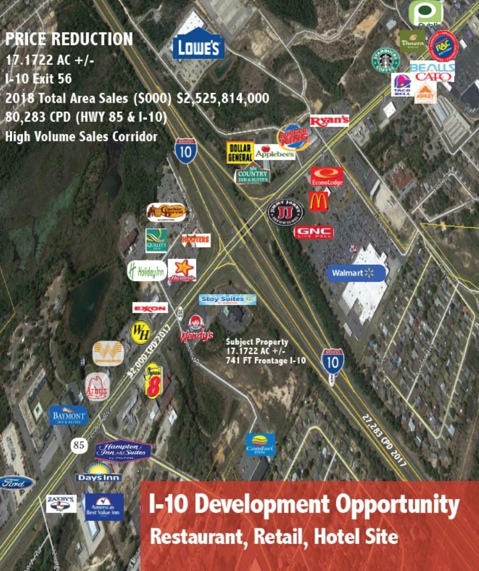 Fantastic Development Opportunity- Large land tract priced to sell at busy interchange of I-10 and Exit 56. The property enjoys incredible visibility and access from I-10 (27,283) / HWY 85 (52,000 CPD) (major traffic corridors). The surrounding demographics are exceptional HV sales and above national MPI. Multiple points of ingress/egress from two major thoroughfares.Located on Major I-10 ExitFantastic Visibility from I-1080,283 CPD 2017 (HWY 85 I-10)Surrounded by Hotels and Restaurants (9 hotels) The site is on Florida State Road 85 at the intersection of I-10 at Exit 56.