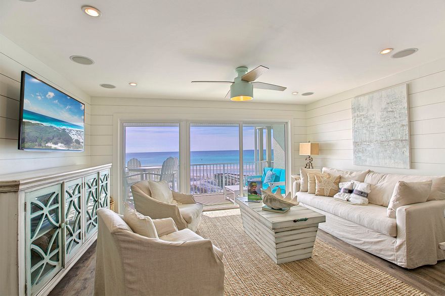 Under contract with a 72 hour kick-out clause. Recently renovated, beautiful GULF FRONT condo in the heart Seagrove. Enjoy incredible gulf views from this gorgeous one bedroom, one bath with built in hall bunks and a queen-sized sleeper sofa. Offered fully furnished this property would make a great investment or second home. The open concept living, dining and kitchen area open onto a spacious private deck all with panoramic views. The generous Master Bedroom opens into a lovely bathroom through a white-washed wood barn door. The renovation of this unit was done with great attention to detail, quality craftsmanship and beautiful finishes & furnishings. The unit also offers a full size washer & dryer...