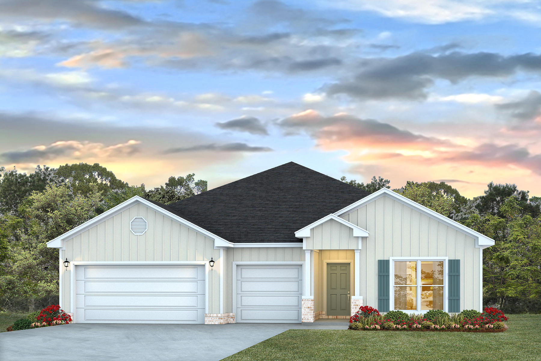 FABULOUS upscale new construction going up now in Plantation Woods Community, an East Milton convenient location. The stunning Camden plan is a 4 bed, 3.5 bath home with a '3-car garage', exquisitely designed to appeal to families with amazing amenities. You and your guests will be impressed by the attention to detail and endless features which include gorgeous countertops, tray ceilings, stainless steel appliances, and a modern contemporary sought after open floor plan. This home offers a separate suite which includes a bedroom, full bath, walk-in closet, and a 2nd living room/Study/Studio. Eye catching wood-look flooring and ''Smart Home'' connected with several Smart Home Devices you will enjoy. Also, included is Fabric Hurricane window & door protection & more. Striking curb appeal.