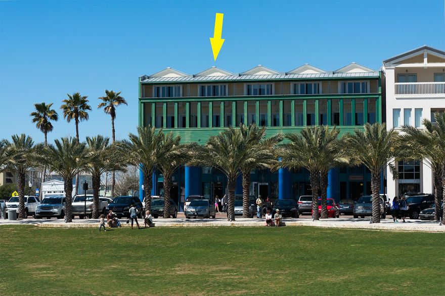 This beautiful abode is located in the heart of Seaside Town Center steps from one of the top rated beaches in the world. A secured elevator opens onto a terrace shared by you and only six other owners. Each night the terrace transforms into a special place for stargazing with soft lighting and overstuffed chairs surrounded by large planters of native vegetation. From the covered entrance through French doors a foyer leads to the spacious living and dining area. The sleeper sofa accommodates guests and enhances rental potential. Off the living area is a private outdoor porch overlooking Central Square. Panoramic views of the Gulf of Mexico's emerald waters provide memorable sunrises. A galley kitchen is fully equipped with stainless steel appliances and soapstone countertops.