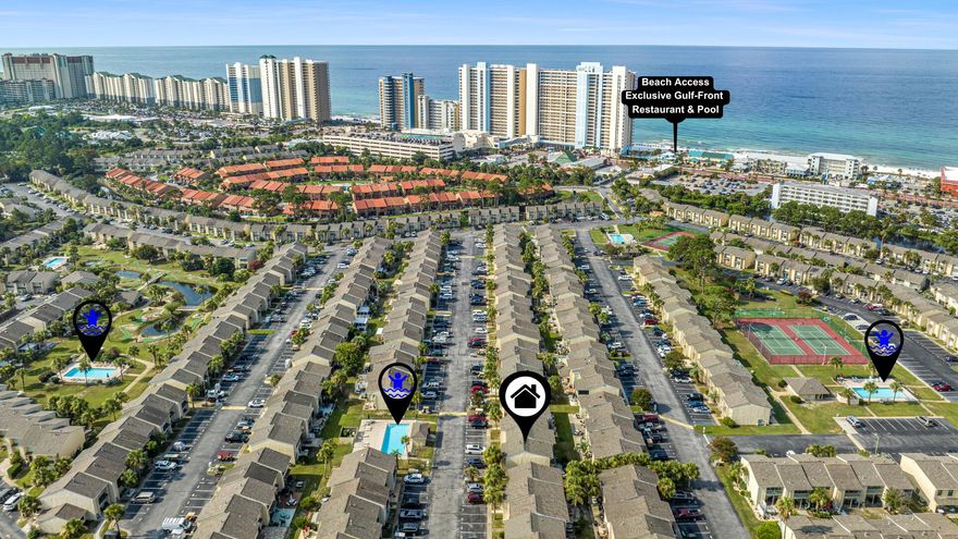 Rare 3-Bedroom End Unit Townhome with Downstairs Bedroom & Bath, located directly across from the heated pool and just a short 5-minute stroll to the beach! Search on YouTube ''For Sale 162 W Leslie Ln in Panama City Beach'' for video tour. Welcome to your dream beach retreat in a highly sought-after gated community. Step inside to discover an inviting open floor plan with beautiful LVP flooring, accent shiplap, modern-coastal furniture and accessories, all new SS appliances, new smart TVs in every room, hardwood stairs, and so much more. Upstairs, you'll find two generously sized bedrooms, each with its own bathroom. This charming home is ready to be enjoyed and can bring lots of passive income with a rental history of $40k+ a year! There are 2 assigned parking spots in front of the unit. A new roof was installed in 2023. Enjoy resort-style living with private beach access, a gulf-front restaurant & pool, 11 swimming pools (5 heated), tennis & pickleball courts, a mini-golf course, fitness center, and more! Plus, you're just a short walk or golf cart ride to white sandy beaches, dining, and entertainment. Whether you're looking for a primary residence, vacation home, or an income-generating rental, this townhome checks all the boxes. LOW HOA includes: 11 pools (5 heated), shuffleboards, water-front restaurant & pool, mini golf, exercise room, tennis courts, pickleball, playground, WIFI, pest control, termite bond, trash, ground keeping, irrigation, property patrol, gated community, etc. Don't miss out on this rare opportunity schedule your private showing today!
