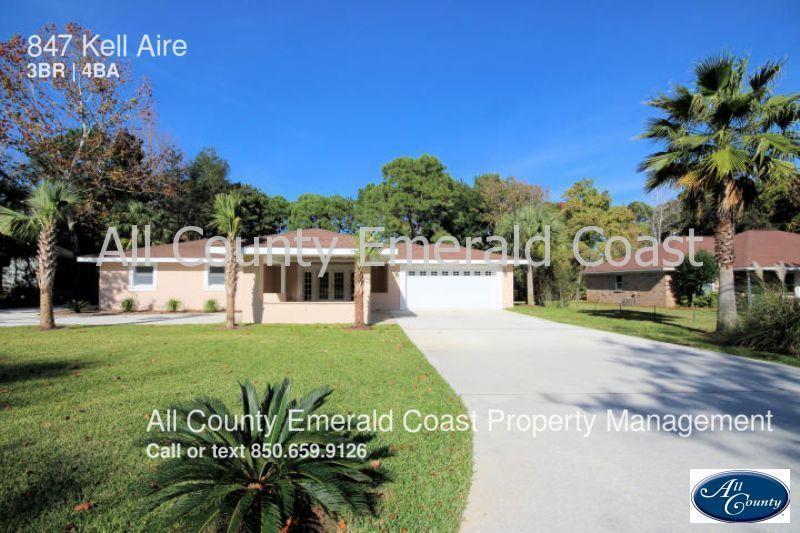 Discounted security deposit for military!! Nearly 3500 Sq.Ft home in the heart of Destin with 43 Sq.Ft acres on a lake featuring a built in bar and wine cooler in the living room. You'll love the quartz counter tops throughout, stainless steel appliances, touch sensor toilets, mini bar in the great room, the florida room, two extra large walk in master closets with built in cabinets, walk in closets for both guest bedrooms and the large deck off of the back of the home overlooking the lake. Lawn care and pest control included!