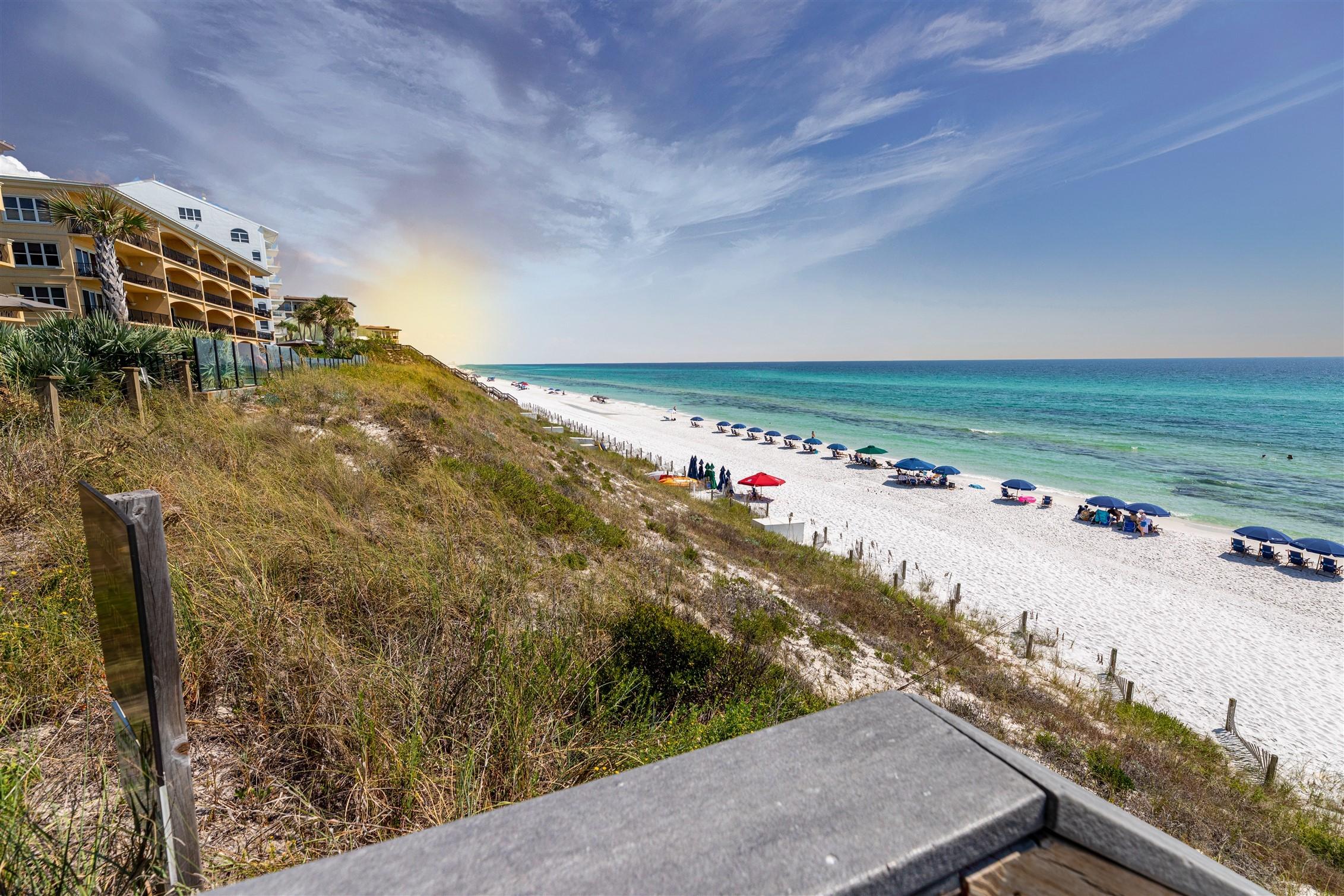 PRICE IMPROVEMENT !!! RARE 4 BEDROOM PLUS BUNK ROOM CONDO GULF FRONT AT ADAGIO ON 30A. SPECTACULAR GULF VIEWS AND SUNSETS FROM THIS SPACIOUS 2ND FLOOR 2200 SQ. FT. CONDO WITH OVER SIZED BALCONY. THE OPEN FLOOR PLAN LIVING AREA HAS A GAS FIREPLACE, 10 FT. CEILINGS.CROWN MOLDING, AND A GOURMET KITCHEN. Kitchen has top of the line Stainless Appliances and granite counter tops. Large Master Suite has Great Views to the Gulf and en suite with double vanities, over sized whirlpool tub, large walk in shower and a Large Walk In Closet. Condo has Travertine Floors in Living Area and Hardwood like Floors in all the Bedrooms. CONDO SOLD FURNISHED ALONG WITH COVERED PARKING & STORAGE. This Condo is a Great Primary or 2ND Home, or Vacation Rental Property. Great Rental Potential. MUST SEE PROPERTY