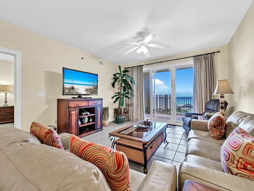 Come and see this pretty 12th floor 2 bd 2 ba with bonus bunk room in Ariel Dunes II. Owners have had this unit since 2009 and it has NEVER been on a rental program.  You will see the immaculate condition as you enter.  As you enjoy your guests in the great room, some may want to step outside to the  oversized balcony to take in the panoramic views of the Gulf with its emerald waters and white sand beaches.  Seascape has 2000 ft of deeded beach access.  Activities include pickleball, tennis, golf, and a short walk to the beautiful beach. You have  5 pools to choose from, three of which are heated, basketball and a playground for the children. .   This is rental ready, sold fully furnished and is waiting for you to enjoy.  Make your appointment today!.