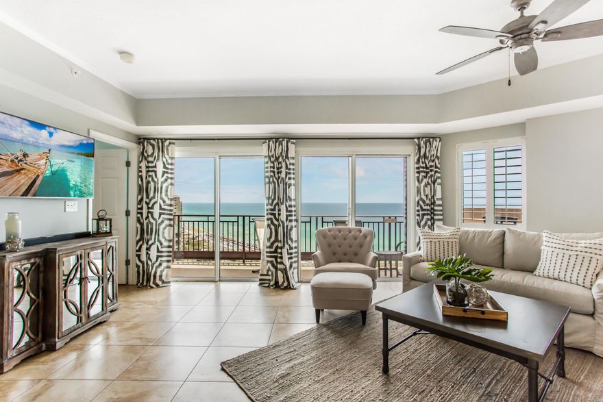 AMAZING Gulf of Mexico views from this 17th floor, recently remodeled, rental ready condo with a 4-seater golf cart included! Upon entering, the stunning scene of sugar white sand and emerald green waters of the Gulf greet you immediately from the living area, inviting you to relax outside on the large private balcony. Furnished in a coastal chic design, this resort condo offers hard surface flooring throughout, plantation blinds, and custom-built cabinetry. The kitchen features granite counter tops, subway tile back splash, breakfast bar, and stainless-steel appliances.