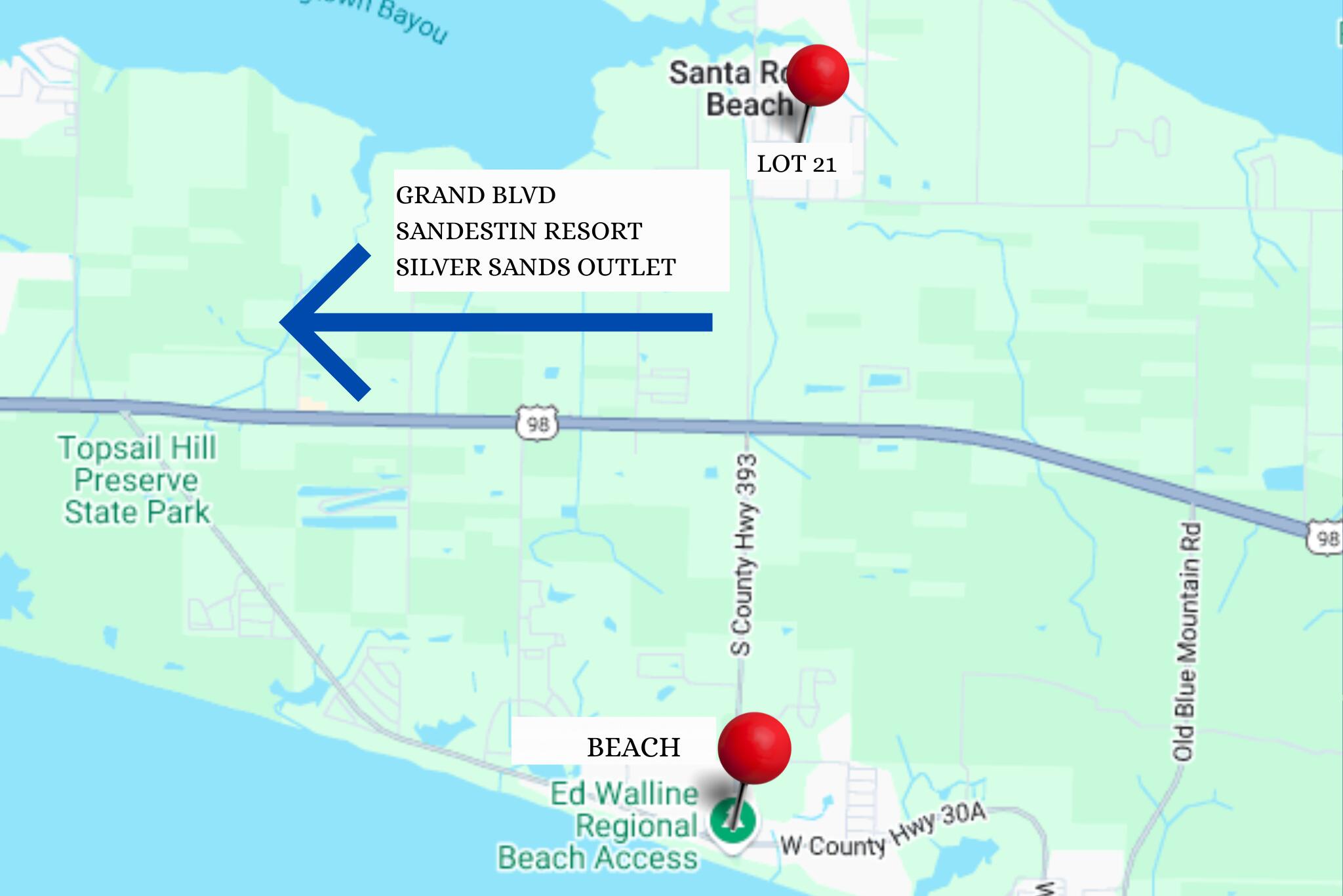 Located 3.5 Miles away from 30A Gulf Place Town Center and Ed Walline Regional Beach Access on the South and only a .5 Mile from Cessna Landing, this piece of land is all you need to build your forever Beach Vacation Home or Primary Residence. No Association Fees, this property has access to Public Sewer, Water and Electricity ( Tap Fee Due). 6.5 Miles to Grand Sandestin with all the shopping and dining, seasonal events and movie theater, Secret Heart Hospital and Publix. If this is not enough 2 extra miles you will reach the largest and most popular Silver Sands Outlet. Great Location, the lot will need to be cleared. Come see it today!
