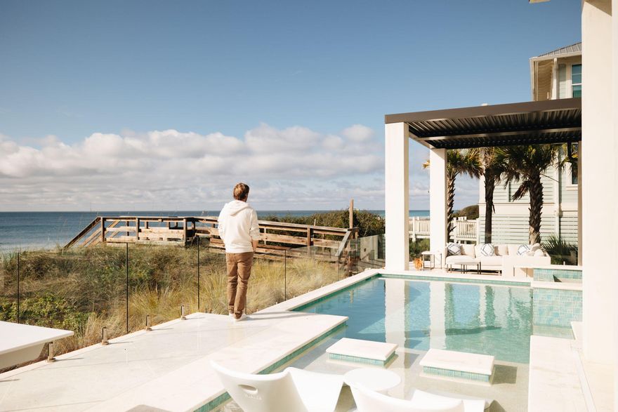 Nestled along the coveted 30A coastline, this exceptional property, exquisitely designed by renowned architect Matt Savois, offers an unparalleled blend of luxury, sophistication, and coastal living. Boasting an expansive 6,994 square feet of living space, this 8-bedroom, 9-bathroom masterpiece stands as a testament to meticulous craftsmanship and enduring elegance. This all-concrete construction property epitomizes opulence and durability, ensuring lasting quality and structural integrity. A product of extraordinary craftsmanship, this residence features a thoughtfully curated layout designed for both primary and secondary residency, embodying the essence of a legacy retreat.

Privately gated and positioned to capture over 75 feet of linear gulf frontage, the estate affords breathtaking panoramic views of the azure waters. A private gulf-front pool and spa provide an oasis of tranquility, complemented by multiple euro wall openings that invite in unobstructed views of the Gulf.

The main level seamlessly integrates the primary suite, living room, kitchen, and dining room, offering an effortless flow for both everyday living and lavish entertaining. The primary suite is a sanctuary unto itself, boasting dual bathrooms, expansive closets, and a soaring 20-foot vaulted ceiling that overlooks the private pool and captivating gulf views.

Beyond the main residence, a full carriage house presents its own kitchen, laundry facilities, and living room, providing additional privacy and comfort for guests or extended family. Ample bedroom suites and inviting outdoor porch spaces further enhance the allure of this exceptional property.

Practical amenities abound, including a three-car garage with an electric vehicle charging station and a double-height ceiling, catering to modern convenience. A private parking court easily accommodates over 10 cars, supplementing the garage space and ensuring effortless hosting capabilities.

Envisioned as an ultimate haven for discerning buyers seeking a sophisticated coastal lifestyle, 4845 W County Hwy 30A stands as an embodiment of luxury living. Offered fully furnished, this estate presents a rare opportunity to acquire a prestigious residence that seamlessly blends elegance, comfort, and coastal charm.