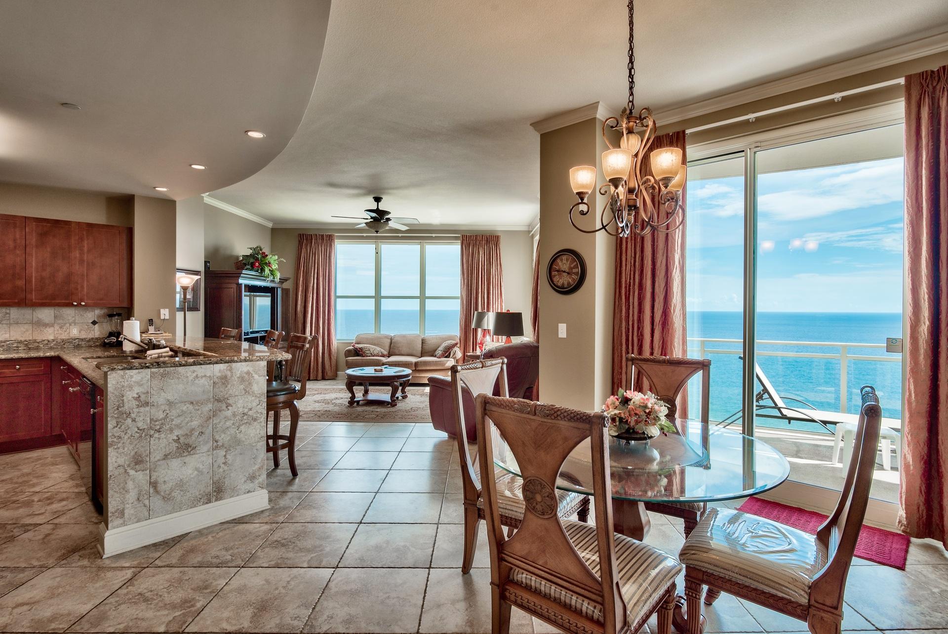 Phenomenal East corner unit with higher ceilings (10ft.) and tile floors throughout, making this the perfect low maintenance beach getaway. This is the LARGEST floor plan at Aqua boasting not one but 3 balconies. Every room has balcony access and an en-suite bathroom, a rare treat! Unit 2201 is currently a rental unit in prime condition and good income. It is being sold fully furnished & decorated and is well appointed. Capture stunning Gulf views from nearly every room with oversized glass windows and doors. Access the Gulf front balcony from the living/dining area and master bedroom and there are two additional private balconies for for the guest bedroom. The interior offers crown molding, an open floor plan, fantastic kitchen with granite breakfast bar & countertops and tile backsplash.