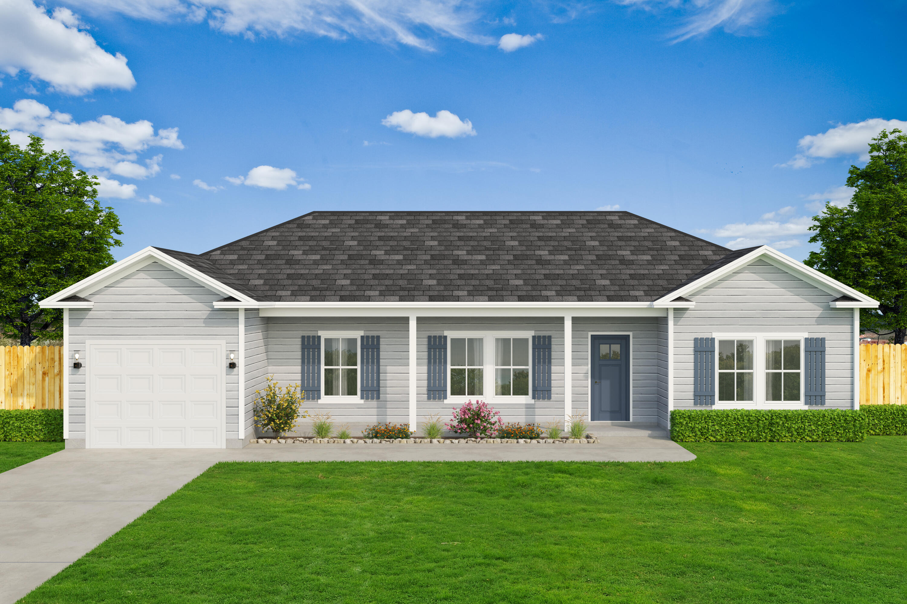 COZY COTTAGE HAS CAREFULLY DESIGNED FLOOR PLAN maximizing your living space. Covered front porch, finished garage and fully landscaped yard comes with yearly grass cutting (HOA includes 40 cuts per year). Split BR design, raised ceilings in open family/dining/kitchen area. Luxury vinyl plank flooring throughout, quartz countertops, work island w/bar seating, white shaker cabinets + pantry in kitchen. Primary bedroom has double walk-in closets, bath has double vanities + linen storage. Oversized mud room has room for washer/dryer + freezer or lockers/benches. Ceiling fans in all bedrooms & family room, recessed lighting throughout the home. Seller will pay up to $10,000 towards closing costs/prepaids/rate buydown (restrictions apply). Late November/early December completion.
