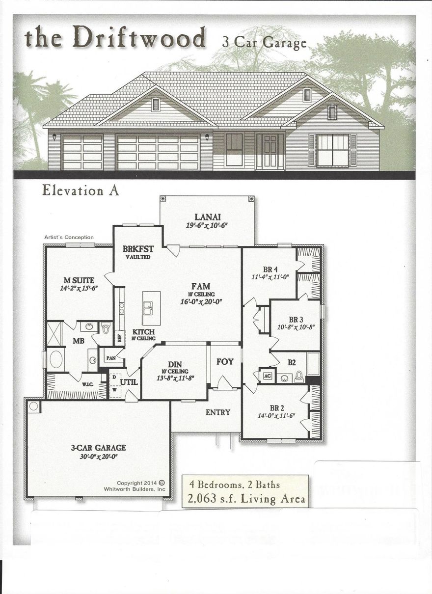 Complete and Move In Ready !! The Driftwood. 2,063 square feet of space in this 4 bedroom 2 bath home with 10 foot ceilings. Large windows bathe each room with tons of natural light. This open floor plan boasts a designer kitchen with beautiful granite countertops and island overlooking the family room, stainless steel appliances and accent lighting easily make this the heart of the home. Covered entry and Lanai on a corner Lot.