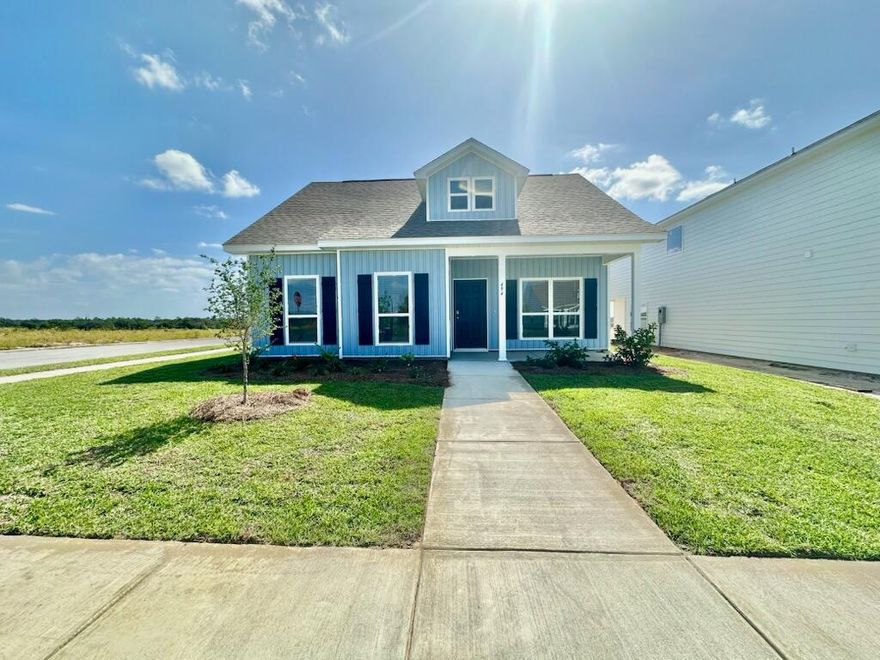 This brand-new 3BR/2BA cottage-style home sits on a corner lot in Owl's Head East. Designed with modern finishes, it features a spacious family room, white kitchen cabinetry, granite counters, a pass-through to the living area, and a flexible dining room that can double as an office. EVP flooring runs throughout the main areas with carpet in the bedrooms. The primary suite offers dual vanities, a walk-in shower, and a large closet; two guest rooms share a full bath. Enjoy a rear-entry 2-car garage and a large covered patio. Community amenities include a wooded park and walking trail. 6-month lease term allowed with owner approval. Please call us at 850-362-6999 to schedule a tour.