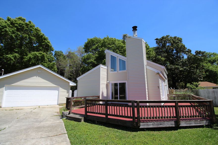 NOT ANOTHER COOKIE CUTTER HOME! CUSTOM BUILT WITH A WONDERFUL UNIQUE FLAIR! Spacious living room with high vaulted ceiling, wood burning fireplace, diagonally laid tile and a sliding glass doors that lead out to the large open deck perfect for relaxing and entertain. Dining area opens into the living room making entertaining a breeze. Kitchen has a large window overlooking the backyard, lots of cabinets, granite-like counter space, upgraded stainless appliances to include a 5 burner gas stove and two door design refrigerator. Upstairs is a large loft style master bedroom with walk-in closet and private bath. Two additional bedrooms and a full bath complete this perfect home situated on a quiet cul-de-sac. Detached oversize two car garage, large fenced in yard with sprinkler system.