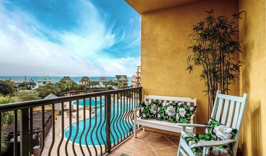 Great 4th Floor Beach Resort END Unit!!! Fully-furnished en-suite bedroom w/full bath and guest en-suite room w/closet and shower. Spacious Condo in a great location on Scenic 98 right across from the Gulf with plenty of parking! This spacious open-plan unit has a private balcony overlooking the pool and Amazing Gulf view! Family-friendly Resort and vacation oriented community. Amenities include the tropical landscaped pool with fountain, large pool deck, grills and covered picnic areas, kids splash pad, hot tub. Just a short walk to the private deeded Beach! 3 restaurants close by make this a Great location! Over $30,000  in rental in 2023 with owners living there 3 months and $13,000 in booking already for 2024! Beach Service already paid for 2024 rental season! Great Gulf Views!!