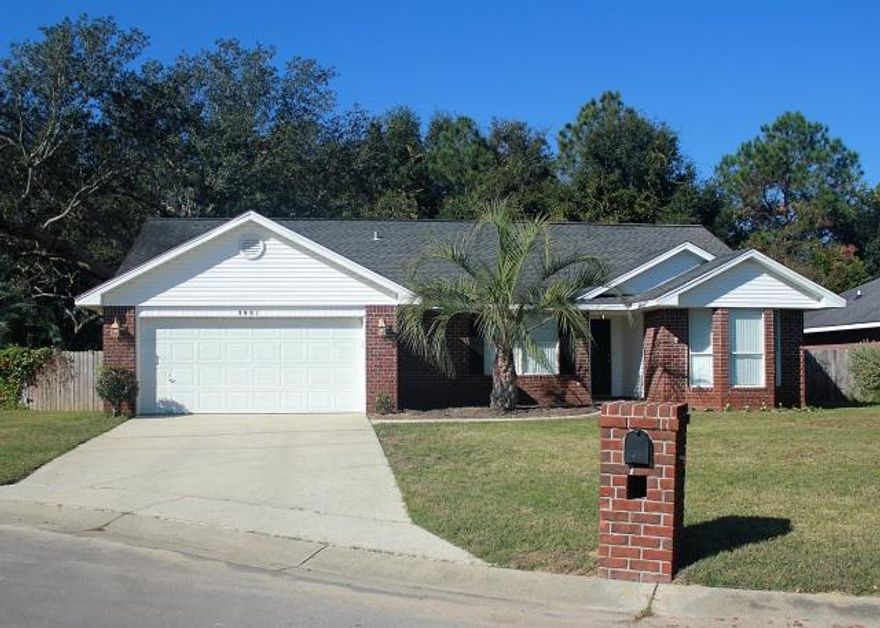 Move in ready! Beautiful 3 bed, 2 bath brick home, open floor plan. Spacious great room features cathedral ceilings, plant ledges, laminate flooring, and a doorway that leads out to the open back patio. Bright freshly updated eat-in kitchen has a breakfast bar, farm sink, gorgeous custom cabinets, self-cleaning double convection oven 2016, hood vent, refrigerator 2016, dishwasher 2016, pantry and a bay window in the breakfast nook. On a large lot w lawn pump fed sprinkler system, privacy fenced backyard that includes a fenced in garden area with it's own sprinkler zone, 8' x 16' shed and your very own tangelo tree! Nest thermostat, smart garage door opener, New AC in 2015, All new window glass in 2016. Termite bond in place. Close to Whiting Field, Pensacola and the beach!