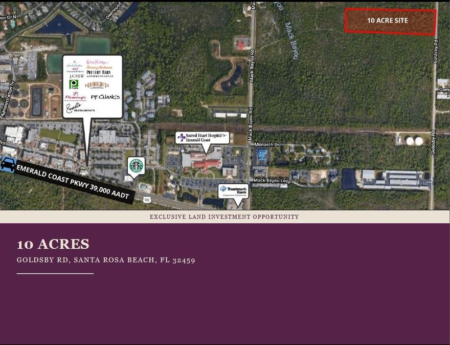 Rare opportunity to purchase 10 acres in Santa Rosa Beach. The site is the ideal location for a residential or commercial development with its prime location being within one mile east of the Sacred Heart Hospital, Publix, and the Grand Boulevard shopping center. The Santa Rosa Beach area is a highly sought after market to reside with its affluent demographics, shopping, entertainment, and being minutes to the white sand beaches of Walton County. Utilities needed for permissible development, including water and sewer, are presently at the site or are available in the immediate area for connection. The topography of the parcel is level and the size of the parcel is sufficient to allow for a variety of uses. The current zoning of the parcel is CR-2 Conservation Residential which allows for 2
