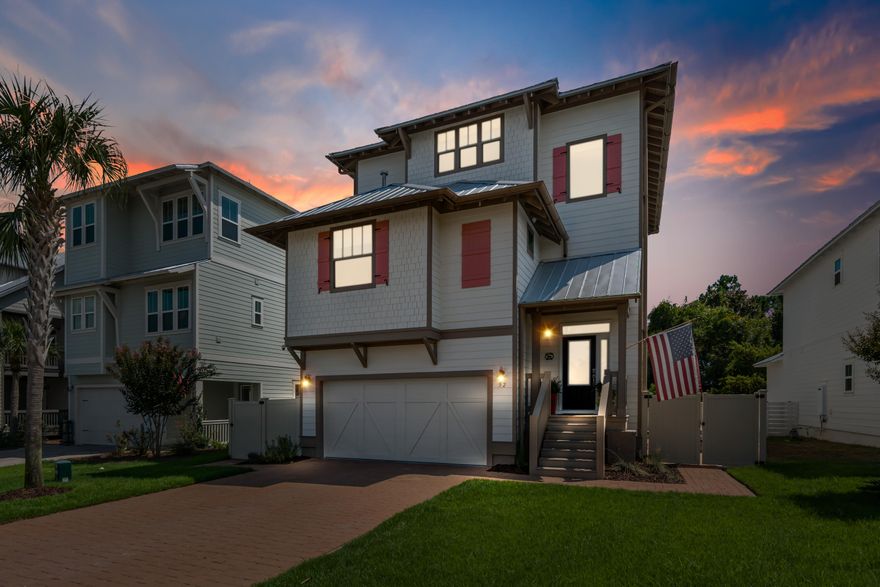Tucked away just north of Scenic Highway 30A, this three-bedroom, three full bath home has a delightful 3-story floor plan with covered porches. As you enter this lovely home you will find 10-ft. ceilings and tile on first floor, hardwoods on 2nd and 3rd floor. The kitchen has been designed with the gourmet chef in mind with quartz countertops and stainless steel Kitchen Aid appliances including gas cooktop, dishwasher and wall oven. Plenty of upgrades. This unique and functional floor plan design boasts an amazing 3rd floor master bedroom suite that encompasses the entire 3rd floor. With space for an office or cozy sitting area. On the first floor you will find a cozy bar, game room, and a bedroom which could second as an office. Enjoy life at Grande Pointe in Inlet Beach with private access to Lake Powell, a rare coastal dune lake, just moments from the sugar-white sand beaches of South Walton. Grande Pointe boasts an impressive community pool, clubhouse and private dock located on Lake Powell for owners and guests. The neighborhood is located near several public beach accesses; Camp Helen State Park with miles of hiking and biking trails; and Highway 98 to quickly navigate to the airports in Destin or Panama City Beach. It is also conveniently situated near the shops and restaurants at 30Avenue, the new pedestrian tunnel and the world-class amenities along Scenic Highway 30A, making this a perfect investment property or primary residence.