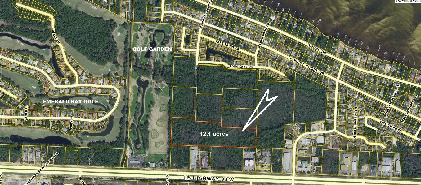 This is an excellent estate property to build your mega-private home on 12 acres (4 uplands with 8 acres of private wetlands) A very unique opportunity to own one of the largest single family estates in Miramar Beach. Walton County has purchased the north 10 acre quadrant of the Golf Garden for a county park. The DOT is planning a four-way intersection with stoplight at the junction with Hwy 98 W.