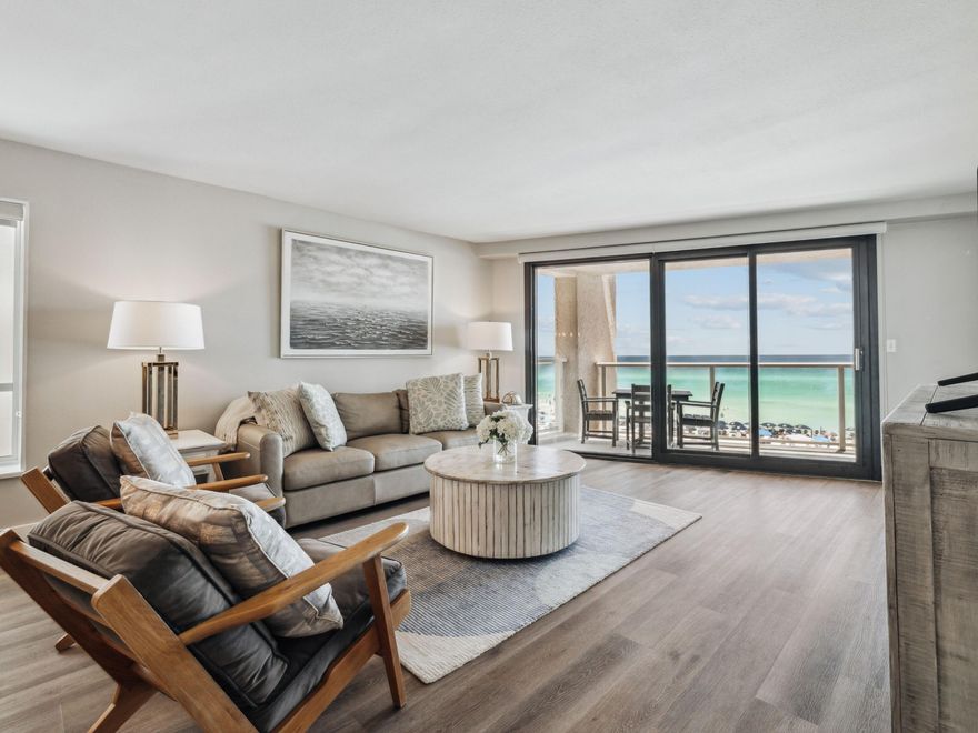Superbly located overlooking the dunes, gulf and beach, this completely renovated condo is within the popular Sandestin Golf and Beach Resort. Located on the fourth floor, the first thing to catch your eye are the incredible gulf views stretching to infinity and creating a true vacation vibe. Luxury vinyl plank flooring, disappearing shades and beach-themed decor enhance the generous living space. Nicely updated, the condo has a generous kitchen with white custom cabinetry featuring Shaker-style tongue-and-groove panel doors. Marbled quartz countertops and Samsung/Frigidaire appliances add a sophisticated finish along with the stylish tile backsplash. As you head into the generous dining and sitting areas, two storage closets keep everything neat and tidy. Located as an end unit, the dining space benefits from an additional side window, creating abundant natural light. There's ample space for entertaining in the sitting room or out on the balcony, enjoying the panoramic gulf views. Put your feet up and listen to the gentle waves and seabirds calling while kids splash in the newly constructed pool (scheduled for completion August 2025). Popular as a rental property and available turnkey, this prime beachfront condo easily sleeps eight. Two generous bedrooms include a beautifully furnished primary suite with a walk-in closet. The updated ensuite features an oversized shower and a quartz-topped vanity. Wake up to outstanding gulf views through the new gulf facing low-level picture window and glass slider that open directly onto the balcony. The spacious second bedroom is furnished with a queen bed and twin-over-twin bunks. A door leads directly into the family bathroom with the same gorgeous quartz vanity and a tub/shower combo. A laundry closet with a stacked washer and dryer completes the excellent facilities. Life at Sandestin offers high-end living on an outstanding 2,400-acre resort. Packed with world-class amenities, it boasts four championship golf courses, 15 world-class tennis courts, a 226-slip marina, a fitness center and spa. Miles of bike and golf cart paths weave through groves of live oaks, passing man-made lakes and sculpted fairways en route to restaurants, shops and seven miles of beach and bayfront. The Village of Baytowne offers a host of boutiques, high-end dining and live entertainment to satisfy every moment of your day.
