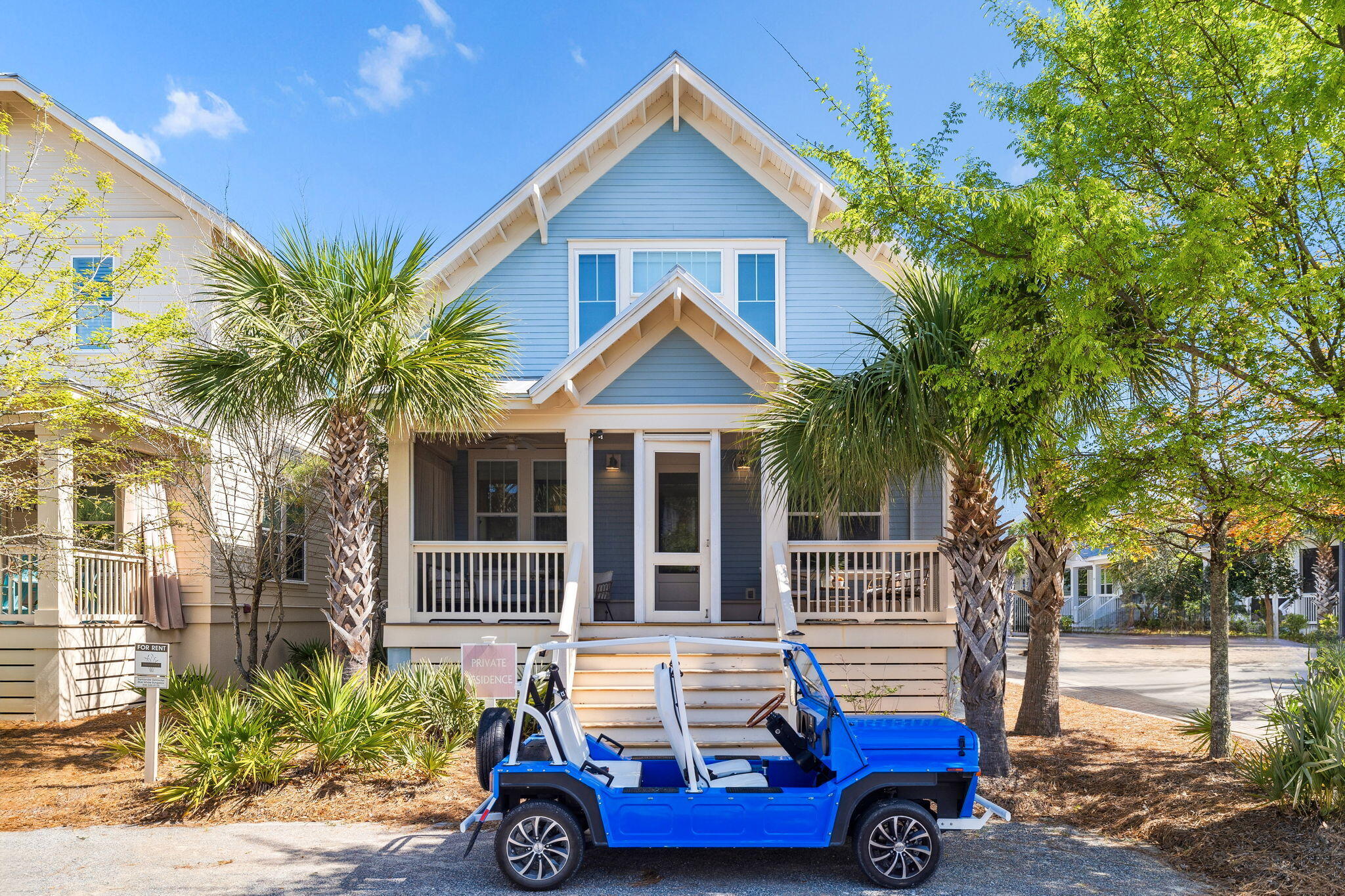 Welcome to 89 Clipper Street, an amazing luxury beach home located south of 30A in the highly sought-after Prominence community. This beautifully designed 3-bedroom, 4-bathroom retreat features a first-floor master suite, two guest bedrooms, and two additional bunk rooms. Thoughtful upgrades include custom wood shelving, quartz countertops, and a solid wood kitchen island, all set within an open-concept living, dining, and kitchen space ideal for entertaining. Wood flooring runs throughout the first floor, complemented by coastal-inspired shiplap and wainscoting that give the home that signature upscale 30A beach vibe. Enjoy the breeze from two screened porches, one in front and one in back, plus the convenience of a two-car garage and ample storage throughout.