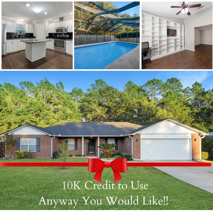 **SELLER OFFERING 10K FOR YOU TO USE ANY WAY!**Welcome to this beautifully updated 4 bedroom 2 bath home located in Crestview, SOUTH of I-10. The core of this home comprises a spacious living room with an opening to the kitchen, a formal dining room, and a flex room that features magnificent built-ins, making this room the perfect office or reading nook. The bedrooms are generously sized, including the primary suite with an en-suite bathroom. That bathroom includes a soaking tub, double vanities, a separate shower, and double closets. The outdoor space is a true retreat, with an in-ground gunite saltwater pool under a screened enclosure. Additionally, a handy storage shed is available for your outdoor needs. This home is conveniently located near Northview Park & Disc Golf Course.