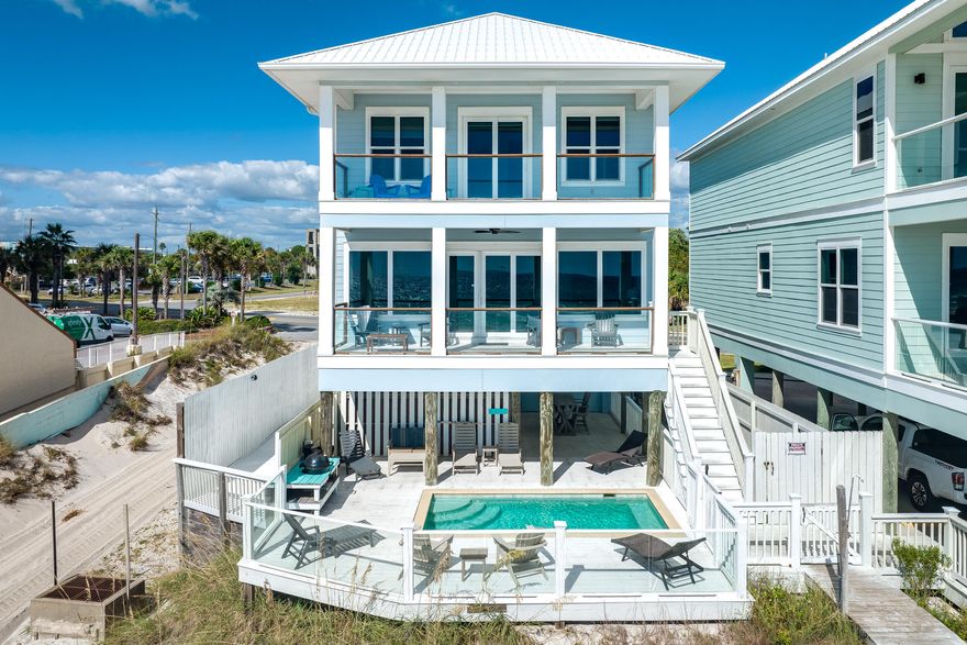 WEST-END GULF-FRONT...CLOSE TO 30A AND PIER PARK. This stunning fully-furnished three-story gulf-front home offers breathtaking views from every level with 5 bedrooms, 4 full and 2 half baths, and a private heated pool overlooking the Gulf. Recent upgrades along with high-end furniture and tasteful decor exudes modern coastal living at its finest. Among the NEW updates are a stainless steel stove in the kitchen, artwork on every floor, designer rugs, blinds on the second and third floors, dining room chairs, as well as furniture in the living room, third floor patio and pool area (Polywood). The owners have recently repainted the interior and exterior of the home. Don't miss your chance to own your place on the beach today!