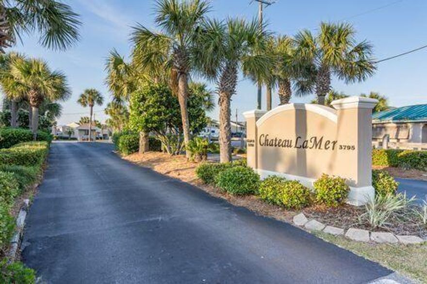 2 Bedroom 2 Bath in the popular Chateau La Mer Condos. 2nd floor unit boast high ceilings, Living room has laminate flooring new in 2020. Large carpeted bedrooms with ceiling fans. Just a short walk to the private beach access  to enjoy the fabulous Emerald Coast sunsets or to enjoy dinner at Captain Daves Seafood Restaurant. Chateau I HOA owns the beach the Condo enjoys. All information is believed to be correct but must  be verified by the buyer or buyers agent to buyers satisfaction.