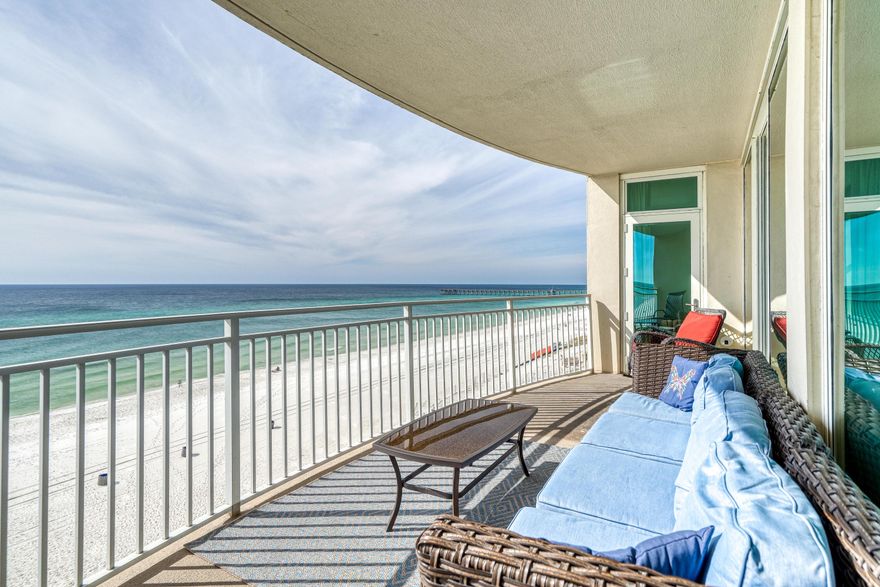 Welcome to Aqua Condo #503 in Panama City Beach, Florida!! Two Large Beachfront Bedrooms with access to a comfortable, bow shaped balcony with clear glass railings offering extraordinary views make this one of the best floor plans anywhere on the beach! The open kitchen, dining, living space also features excellent views and balcony access while a 3rd bedroom with en-suite bath is also offered in this popular plan. These condos are true rental magnates and Aqua is one of the premier developments on Panama City Beach's west end just 1/4 mile to all of the activities at Pier Park. Aqua offers all of the amenities you need with two gulf front pools, hot tub, gulf front fitness center, covered parking, community room, tropical landscaping and more!  Come see this beauty today!