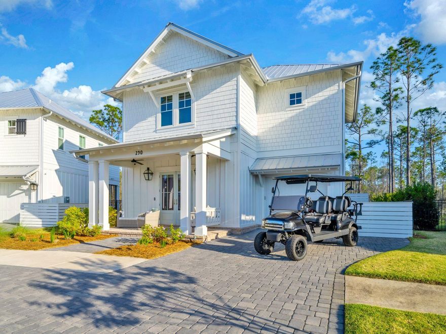 Tucked within the gated community of Cottage Grove, this quaint neighborhood offers a refined coastal lifestyle within a mile from Scenic Highway 30A. Built in 2022, this thoughtfully designed residence, offered turnkey with upscale furnishings and linens from stores like Stock & Trade Design Co., Pottery Barn and Restoration Hardware, combines modern comforts with timeless charm in a tranquil enclave of only 38 homes. Surrounded by protected state forests and nature preserves, the property features an inviting backyard with serene views, a pavered patio, firepit and outdoor shower -- creating an ideal space for entertaining or unwinding in privacy. Inside, the home showcases the popular Wisteria floor plan, with open-concept living and dining areas anchored by wide-plank wood flooring, custom shades and 10-foot ceilings. The kitchen is a chef's dream, featuring quartz countertops, ceiling-height cabinetry, and KitchenAid appliances, including a gas range and hood. Upstairs, the spacious primary suite is framed by vaulted ceilings and custom shiplap, while the ensuite bath is finished with quartz surfaces and tile. Each of the bathrooms and the laundry room echoes the home's quality finishes, and the full-size LG IQ washer and dryer add both function and convenience.
Exterior details include brick porches, a tongue-and-groove ceiling, gas lanterns, shake fiber cement siding and a metal roof. A pavered driveway and parking pad offer ample space for guests, and room for the included golf cart, that looks and functions like new, just purchased in 2022. Built with efficiency and peace of mind in mind, the home includes a Rinnai tankless water heater, foam attic insulation, impact-resistant windows, a security system with cameras and Neuma exterior doors with a three-point locking system. The backyard features a natural gas stub for an outdoor grill and outdoor speakers, perfect for hosting in style.
Residents of Cottage Grove enjoy access to a community pool, grilling area and green space, all enhanced by a well-fed irrigation and included landscape maintenance. Whether you're seeking a full-time residence, a second home or a long-term investment, this turn-key property is an exceptional opportunity in Santa Rosa Beach. The HOA permits rentals of 30+ days. With the Gulf of America just minutes away, it offers a peaceful retreat close to the very best of 30A living.