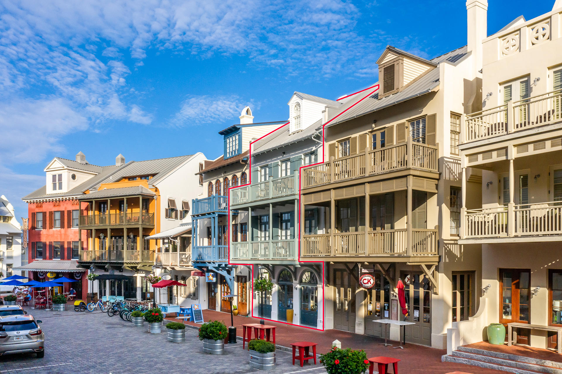 Here is your opportunity to own an entire commercial, live/work building in the heart of Rosemary Beach. With three revenue sources, this building offers a unique experience. Surrounded by some of the finest restaurants and shops in the 30A area, 58 Main St. is exposed to high traffic counts and foot traffic. The first floor is approximately 1079 sqft of retail space, and up above are two additional living quarters, each providing short term vacation rental revenue. The studio apartment on the 2nd floor is approximately 1141 sq feet and offers fantastic gulf views from the balcony. The Penthouse, roughly 1427 sqft, is located on the 3rd and 4th floors and offers two bedrooms, a full kitchen and great outdoor space, including beautiful gulf views, via two balconies .