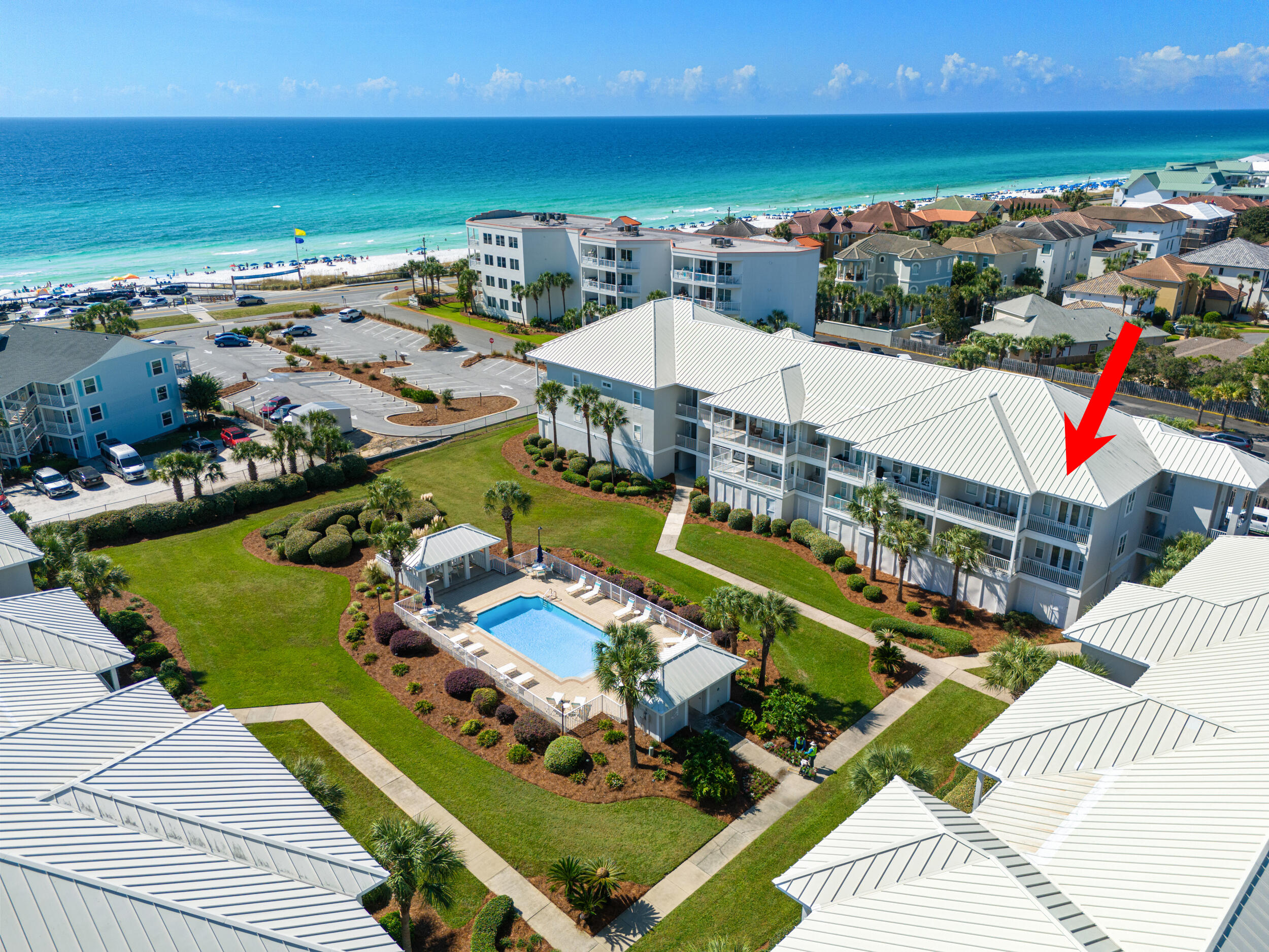 If you are seeking an ideal second home or investment opportunity and don't want to be concerned with immediately needing to remodel and reinvest funds into your new condo, Unit 201C at Pavilion Palms is an excellent choice. This immaculately updated unit has not been on a rental program, ensuring it is truly move-in ready. The spacious, open floorplan is designed to offer the comfort and privacy expected in a Pavilion Palms condo. Featuring two large bedrooms, oversized closets, a true laundry/utility room, and ten-foot ceilings that contribute to a luxurious atmosphere - it truly lives more like a home than a condo. Enjoy the expansive balcony, which provides ample outdoor living space and beautiful views of both the water and pool. Additional features include an oversized 2 car tandem garage, plus an 8x8 owner's closet perfect for storing beach equipment and personal items. Pavilion Palms is a low-rise, low-density gated condominium community with serene greenspaces, a swimming pool, and a poolside pavilion. Storm ready - concrete block and steel frame construction. Conveniently located near area amenities, the complex offers a peaceful retreat while remaining close to all the attractions/amenities of Miramar Beach, Destin and 30A. Furthermore, the property is situated directly across from the beach, providing easy access without the premium associated with beachfront locations.