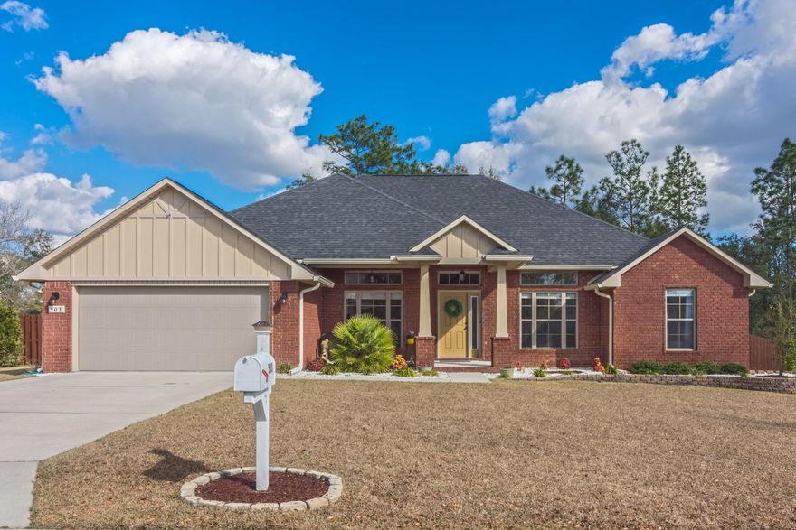 Desirable Fox Valley Living, easy commute to 7SFG, Duke Field, and Eglin! This quality built home sits on one of the few FLAT lots and is turn-key ready. Built in 2015, this home shows like new, w/the added benefits of owner upgrades.Entire property is meticulously landscaped and features new sod, a fenced back yard, and outdoor shed. Main living areas have been freshened up with new paint and flooring. Floorplan features 4 bedrooms,3 FULL bathrooms, an office enclosed w/glass french doors, formal dining room AND a massive Florida room. Kitchen shows beautifully, with stainless steel appliances, handmade cabinetry, and granite countertops. Pantry and laundry spaces are both spacious and include additional shelving/cabinets for added storage space.