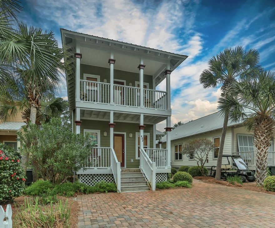 Florida Cottage with a Golf Cart Garage and nearly fenced private backyard!. 4 bedrooms, 3 baths, Open Living Room, Dining Room & Kitchen. 1st Floor Guest Bedroom and Laundry. 2nd floor - Master Bedroom with ensuite Bath & Two Additional Guest Bedrooms. Private Porch off Master Bedroom. Perfect for a cup of coffee or a glass of wine. Located just steps to one of the neighborhood pools.Sold Fully Furnished (excludes the golf cart). Old Florida Village is an established neighborhood with 2 Community Pools, Mature Lush landscaping (covered in the 'low' HOA dues), green spaces & overflow parking. EASY SHOW - Non Rental!