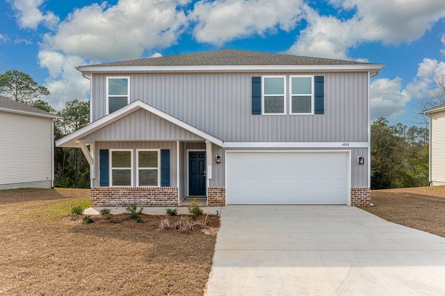 VA Promotion! Phillips Homes Builder is offering a 2/1 rate buy down and paying buyers closing costs with their preferred lender! Ask for details! SOUTH CRESTVIEW location 5 MILES to DUKE FIELD! Partridge Hills neighborhood with no through traffic.  Move in ready! Phillips Homes is a semi custom builder and not a production home. The Cherry Blossom plan features 4 Bed upstairs plus 2 additional flex spaces. Downstairs flex/office/playroom and large flex space upstairs and 2.5 Baths.  Upgrades are considered standard in this home. The kitchen features Quartz counters, large island, stainless Fridgidaire appliances, breakfast bar, all white shaker cabinets, large corner pantry, extra pantry, stainless cabinet hardware, push button garbage disposal, and recessed lighting. Large eat in area for dining. Open floor plan. Phillips Homes uses custom egg shell paint throughout the interior for easy clean. Half bath downstairs with pocket door, framed mirror and pedestal sink. Huge great room has glass sliders that lead to the covered back patio. Extra storage closet on back patio too. Great view to a nice private backyard with a wooded treeline. Waterproof and Scratch resistant high quality LVP flooring throughout downstairs, and upstairs laundry and all bathrooms. Plush carpet in hallway and bedrooms. Laundry room upstairs by all the bedrooms and is oversized for folding area and storage. Primary suite is large, 2 big walk in closets all double shelved, and pocket door to ensuite bath. Bath features double vanities with drawers, quartz counters, walk in shower with glass door, towel bar package, water closet with a pocket door and a linen closet. Upstairs guest bath has vanity with quartz counter, framed mirror, cabinet hardware, towel bar package, and a tub/shower combo. All the 3 guest rooms are spacious and have walk in closets with lights. Tech features include a Smart Technology deadbolt system, CAT 6 pre-wired, Central location box for internet! Dual Carrier A/C Units to heat and cool each floor easily. That's right 2 full HVAC systems! One for each floor. This home offers low maintenance with all brand new systems! PEX plumbing system with a 50 gallon water heater! Dimensional shingle roof with gutters. Low home insurance rates available too! Hurry this great home is a great deal will not last long! Phillips Homes "Building Better Together!"
Pictures are from similar finished home.