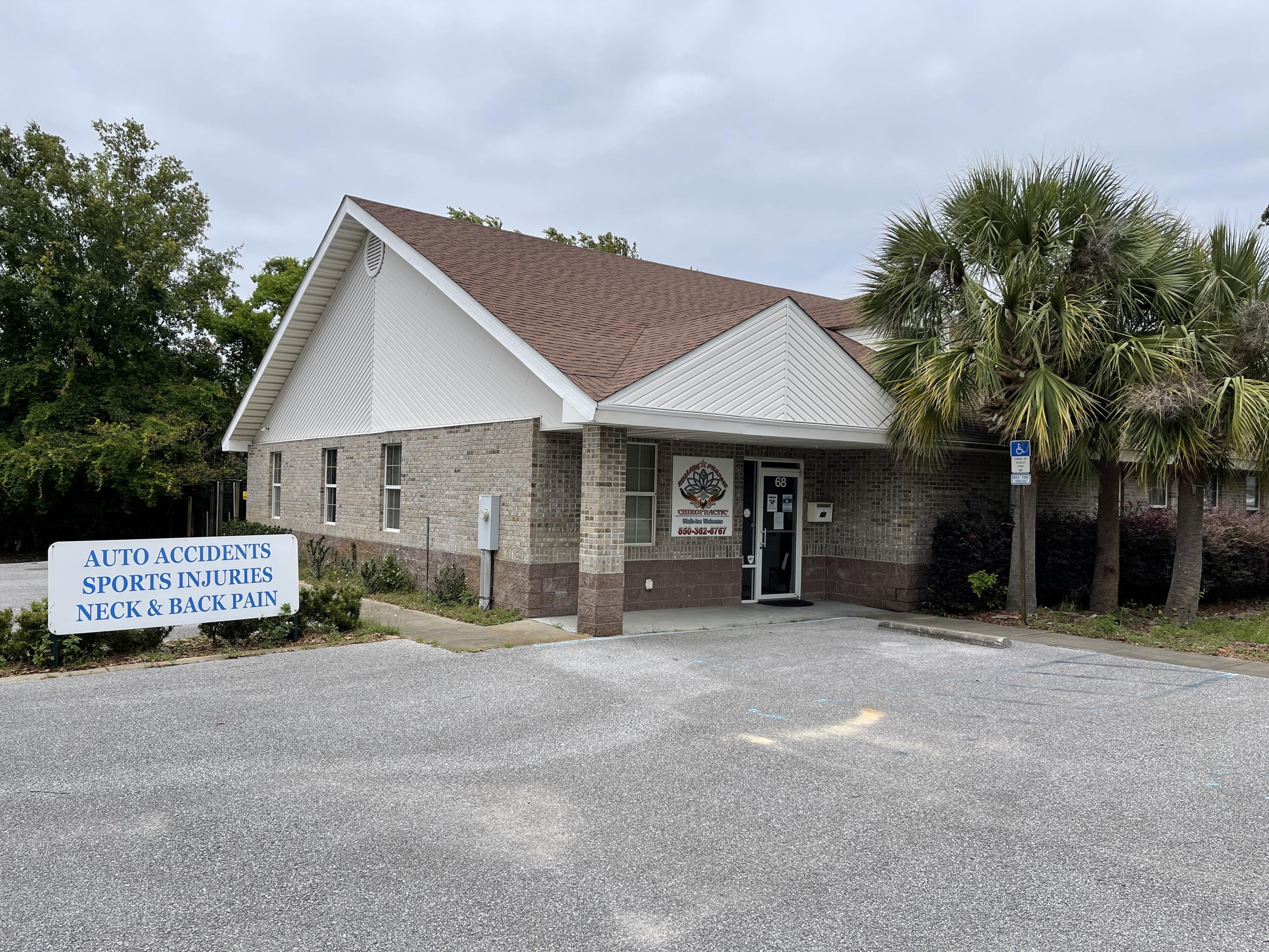 Prime office space in the heart of Fort Walton Beach. This prestige address at 68 Beal Parkway SW is prime for your professional office. Great visibilty from Beal Parkway. Ample parking with 19 spaces. The current office layout includes a large open space, receptionist area, waiting room, private executive office space with restroom and shower, 3 additional restrooms, 6 individual office spaces, and a break room. Two 5 ton HVAC units.The building is currently leased to a Chiropractor. The landlord pays taxes and insurance. The tenant is responsible for utilities, trash, and lawn maintenance. Current tenant will relocate with 45 days notice. Building may be shown only on Tuesdays and Thursdays from noon to 1 pm. Please call Bobby Parish (770-861-2966) for an appointment.