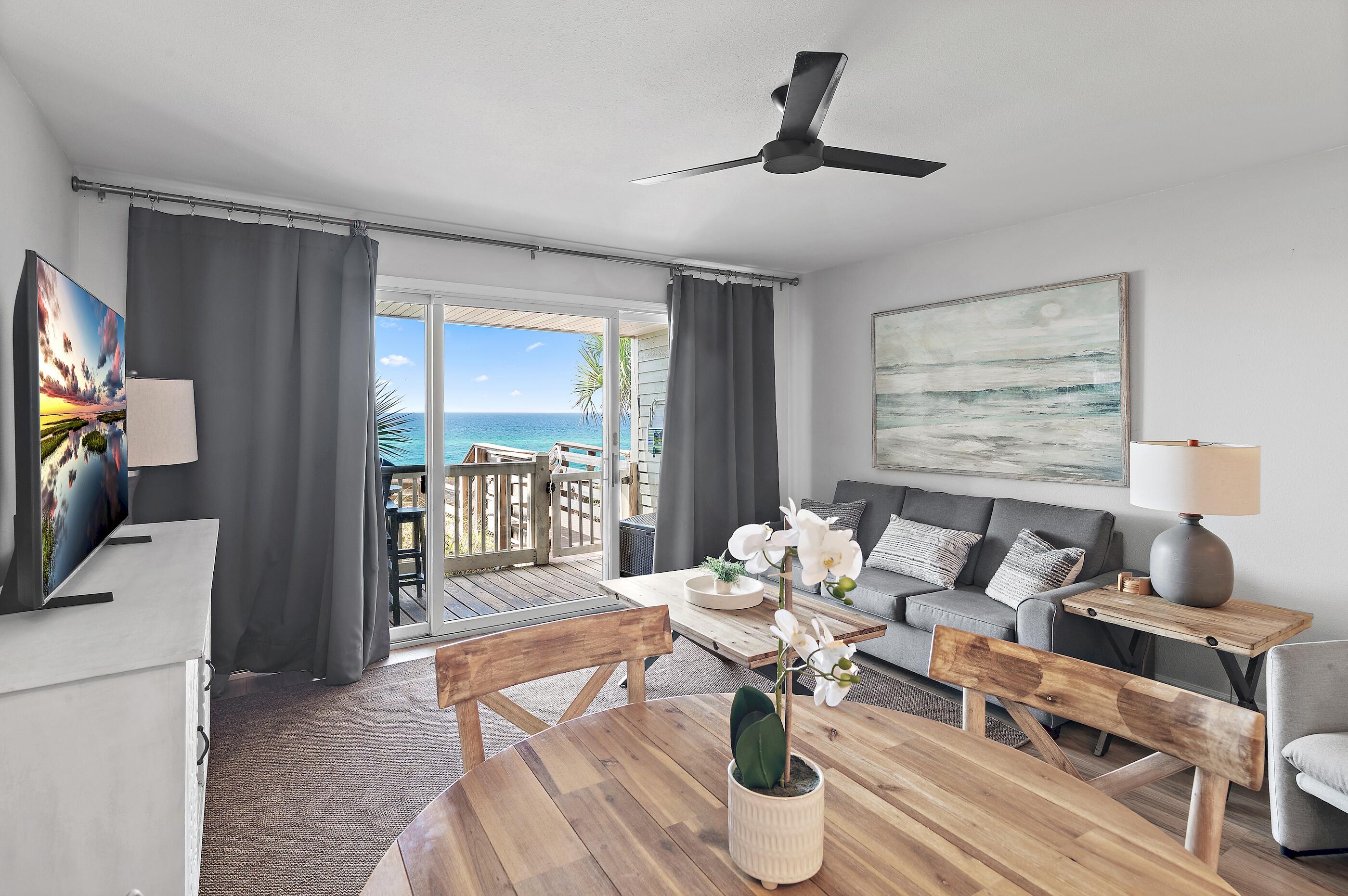 Perched atop one of 30A's most stunning beach bluffs, this fully furnished unit offers sweeping Gulf views and direct balcony-to-beach access to a less-crowded, deeded beach--ideal for enjoying the sugar-white sands in tranquility. Just a block from local coffee shops and eateries, and with the 30A bike path nearby, exploring Rosemary Beach and Alys Beach is effortless. Inside, modern upgrades include new kitchen cabinets, quartz countertops, wood-plank tile flooring, and built-in bunks, blending coastal charm with practical comfort. Whether as a family getaway or a convenient beach escape for off-beach homeowners, this retreat offers easy beach access and unforgettable sunsets.