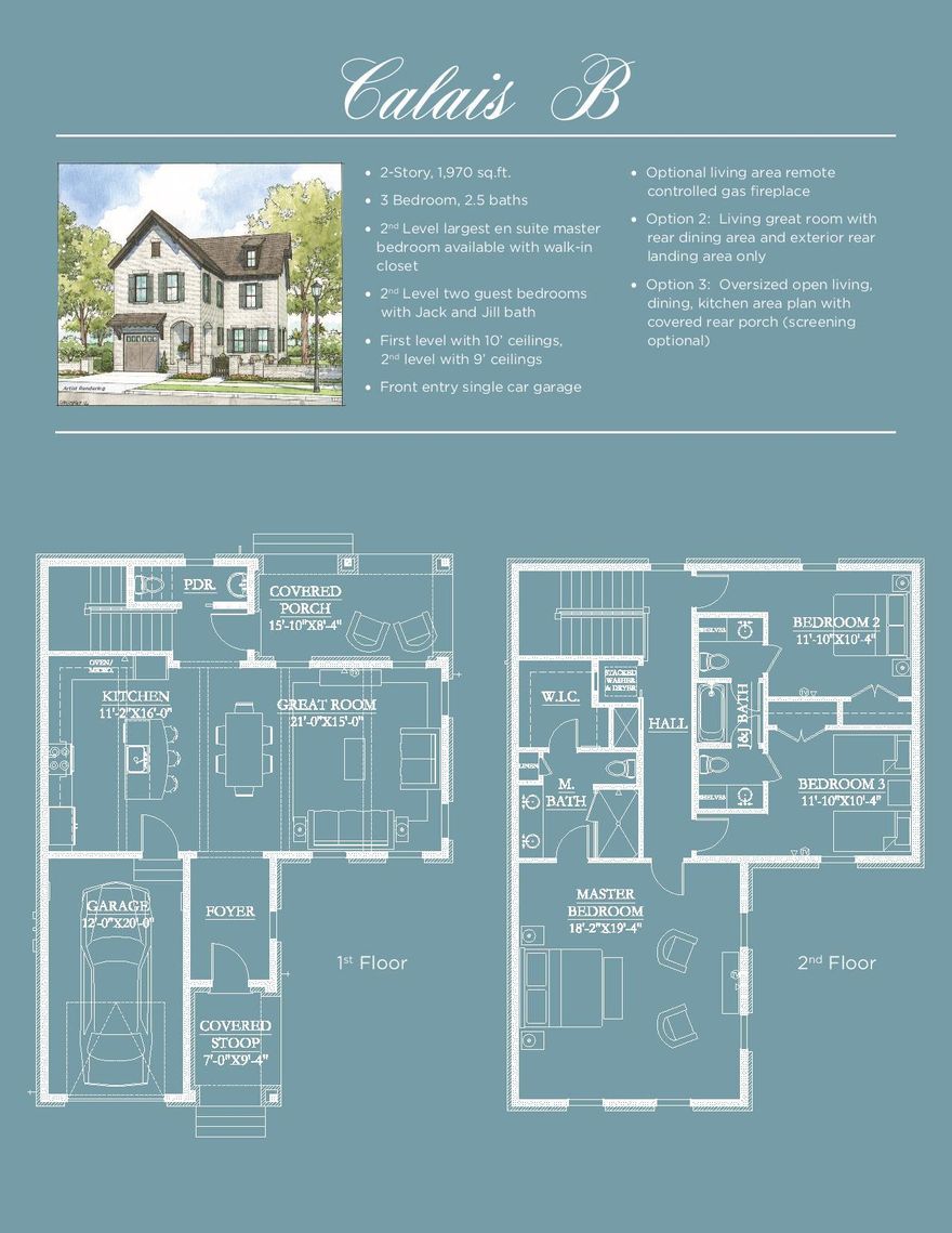 Ridgewalk's Calais B floor plan with extended great room and a covered back porch. This home has a front courtyard and a back rear covered porch.