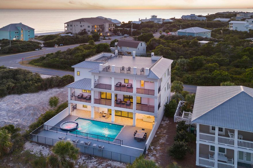 8 bedroom home in Dune Allen Bch on 30A is quite the entertainment spot! Soleil All Day features 8 Bedrooms,8 Full Baths & 1 1/2 Bath. It's highly sought after with a distinct contemporary style that comfortably sleeps 24. This home soars three stories tall with breezy verandas on all three levels and an impressive rooftop Observation Deck which offers breathtaking panoramic views of the Gulf of Mexico. This property is filled with creature comforts and entertaining areas. Just a few steps to the Beach and Private Swimming Pool/Hot Tub. Having en-suite Bedrooms with a Balcony, Elevator, and tons of Parking makes this home perfect for Entertaining or Rental/Investment. Beach Access is ADA Accessible. No HOA