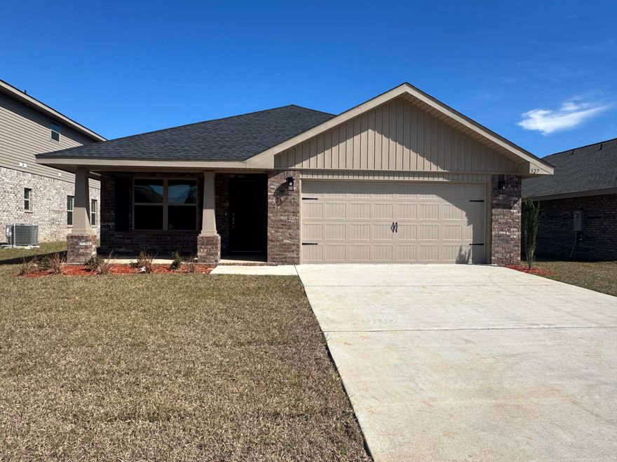 Looking for a home that has it all? Come see this wonderfully planned 3/2 with upgrades and standard features that will make you want to call this one home. The front offers a covered porch as well as the back. The home is 4 sided brick and comes with sprinklers, fully sodded and landscaped.The craftsman style elevation gives it great curb appeal. You'll find shaker cabinets in the kitchen and bathrooms aswell as granite countertops. The floors are upgraded Puretec with carpet in bedrooms only.The master bath has dual vanities and a separate walk in shower with a garden tub. Formal areas have bull nosed corners and all baseboards are 5 1/4'. THis house comes with a 10 yr. Bonded Builders Warranty. The community pool is a plus on those hot summer days!