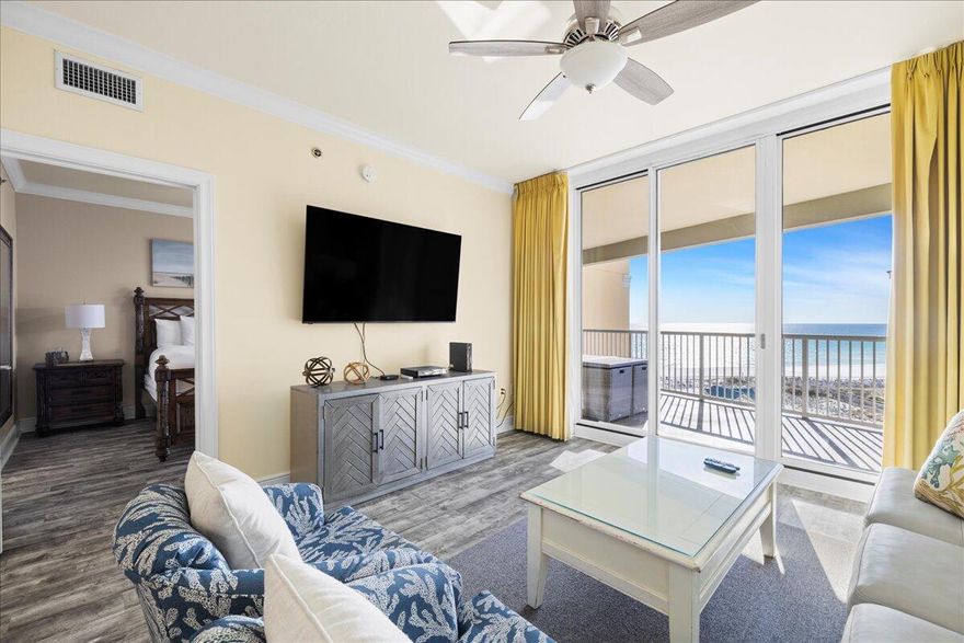 A stunning coastline view is yours in this glorious 3 bedroom condo at Azure! Upgrades include tile floors, stainless steel appliances, granite counters, beautiful furnishings and a large balcony to soak in all the views. The Master Suite is Gulf front and has balcony access plus a spa-like bath with soaking tub, separate shower and his/her closets. Enjoy the resort style amenities at Azure including 2 pools, 2 hot tubs, a spray park, fitness center and a large boardwalk to access the beautiful beach.