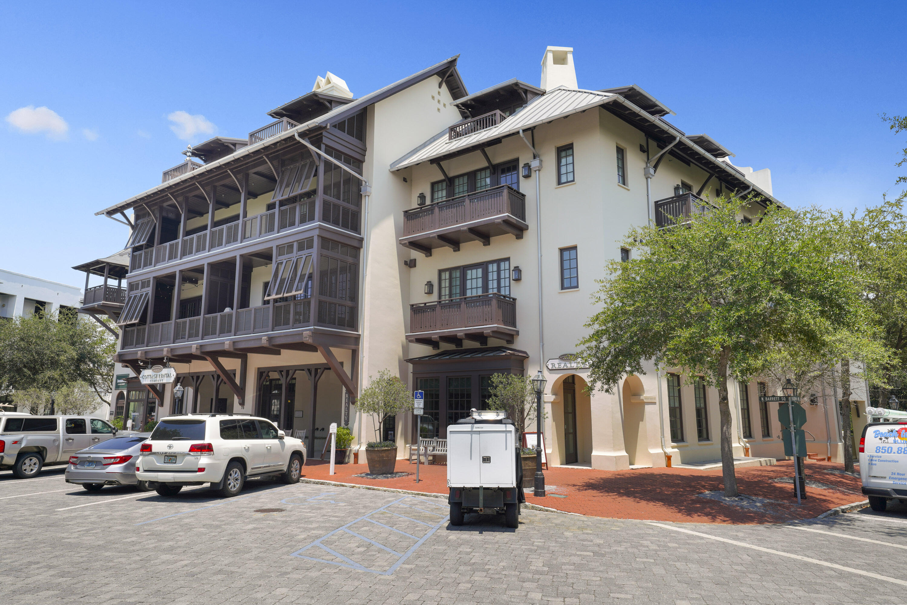 Welcome to #10 Barrett Place, where luxury and elegance converge in the heart of the pedestrian-friendly Rosemary Beach community. This captivating two-bedroom condo offers an array of top-notch finishes, creating a space that exudes sophistication and comfort. Step inside and be amazed by the meticulously designed kitchen, boasting Viking stainless appliances - including a gas range, and exquisite white marble countertops. The modern, full kitchen is a culinary haven that even the most experienced chef will appreciate. Throughout the condo, warm-toned wood flooring adds a touch of timeless elegance. Barrett Place provides premium amenities, including underground parking for convenience, elevator access for easy mobility, and separate deeded storage to keep your belongings organized